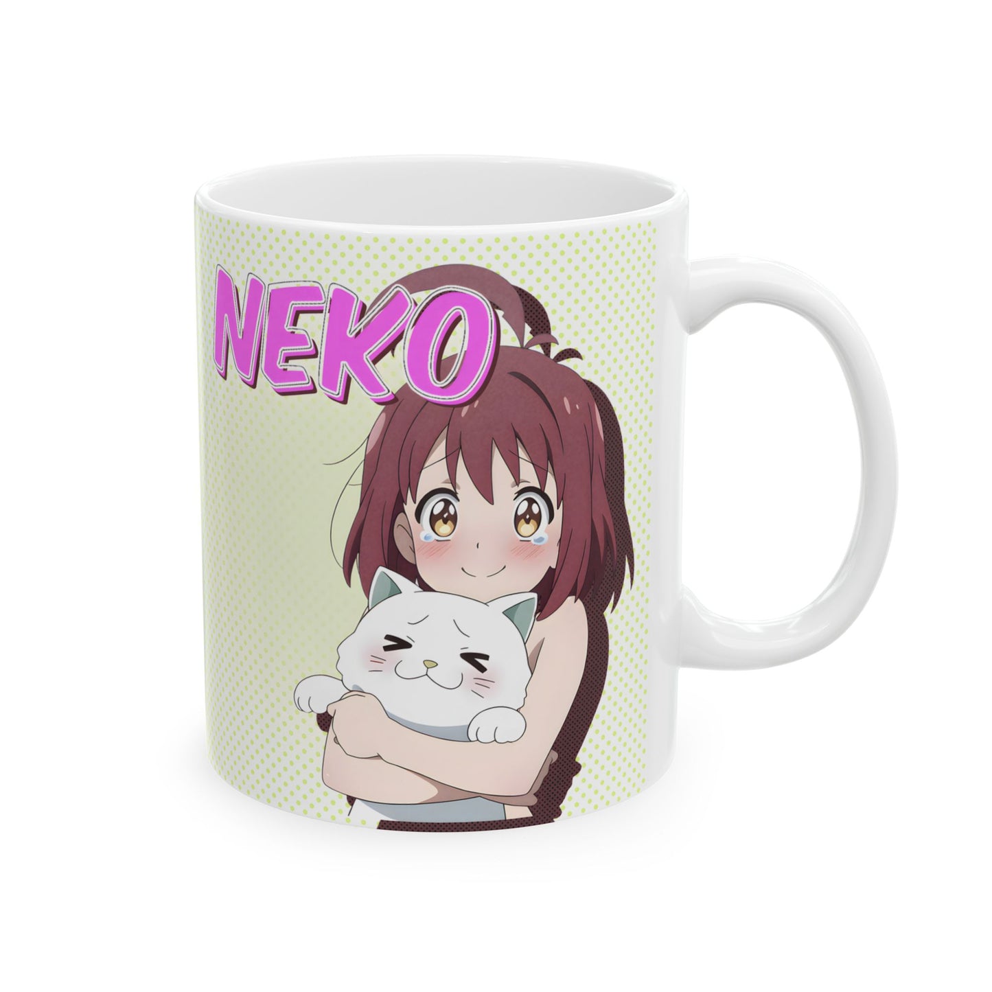 Kawaii Cat Mug – Cute Anime Girl Hugging Chubby Neko, Cozy Anime Coffee Cup for Cat Lovers