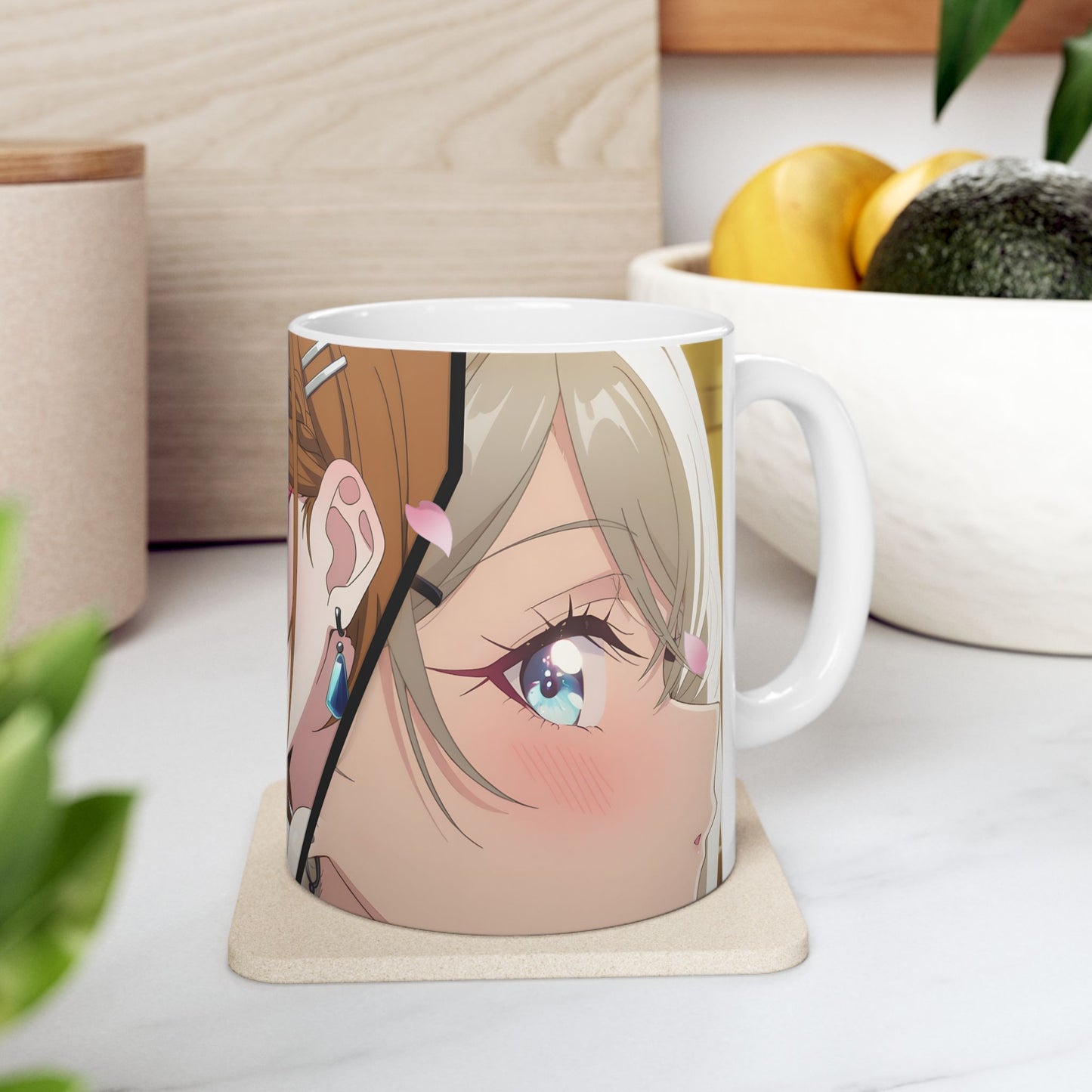 Anime Romance Mug – Blushing Rival Girls, Close-Up Love Triangle Scene, Emotional Manga Coffee Cup for Romantic Moments
