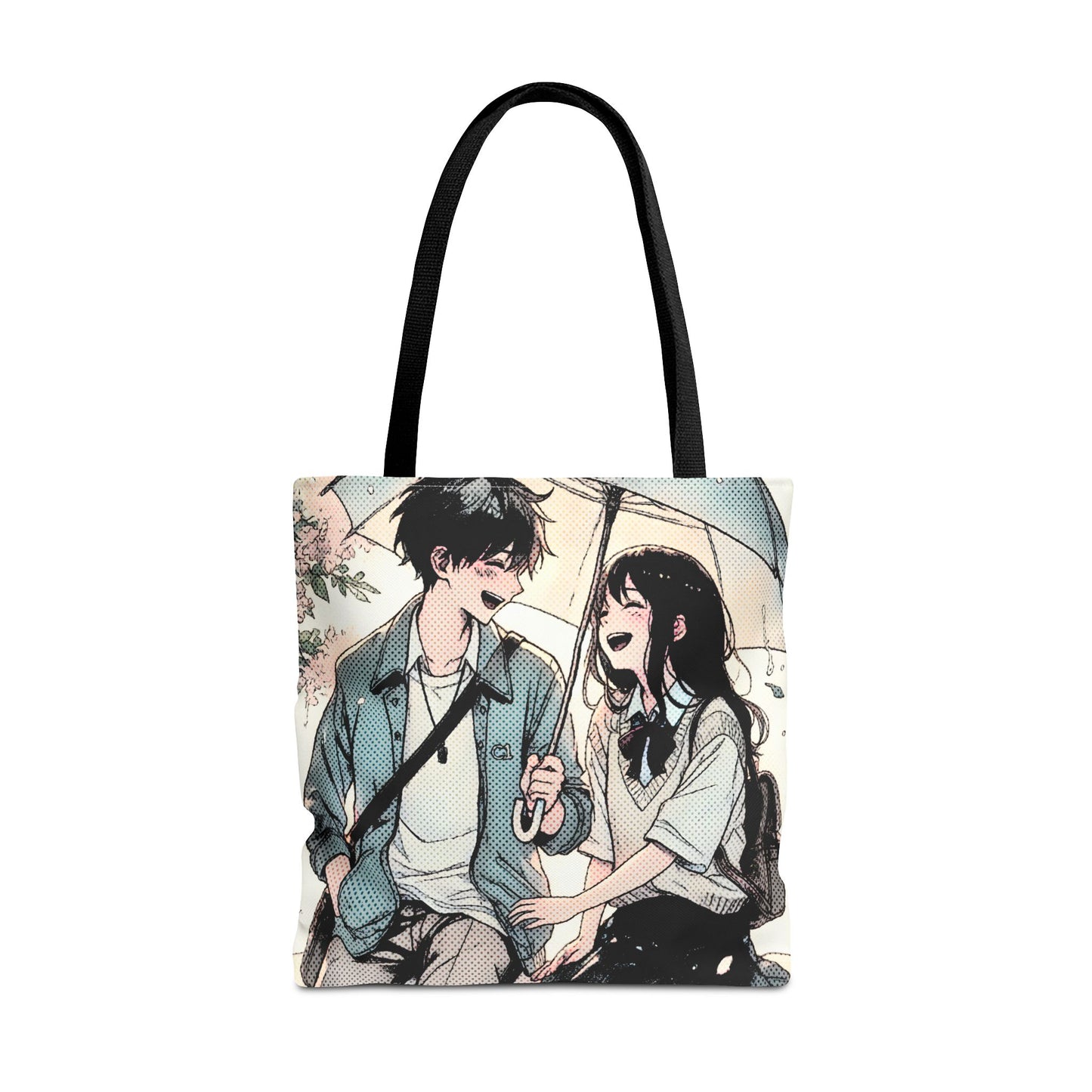 Anime Couple Tote Bag – Soft Romantic Rain Scene, Cute Manga Umbrella Moment, Aesthetic Love Story Bag