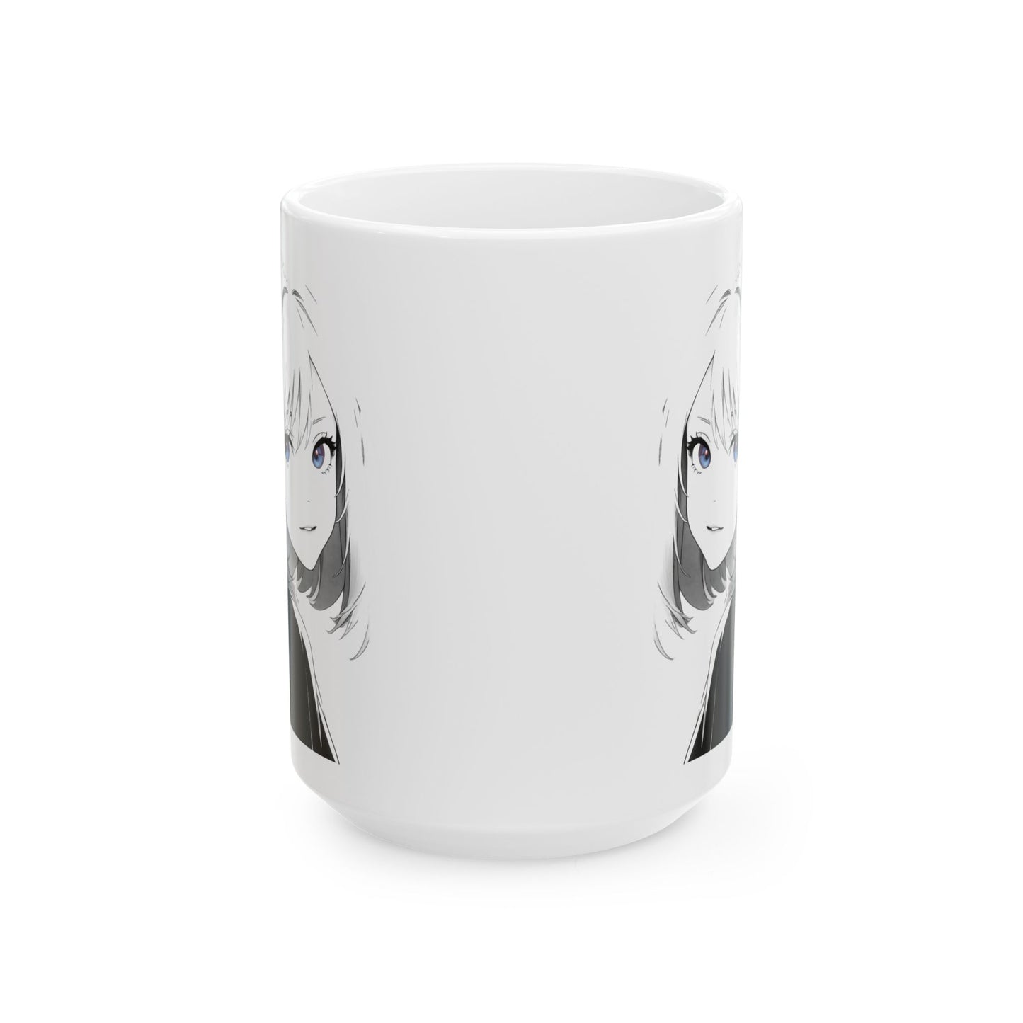 Anime Aesthetic Mug – Black and White Girl with Kanji, Minimalist Manga Coffee Cup Gift for Japanese Art and Thoughtful Moments