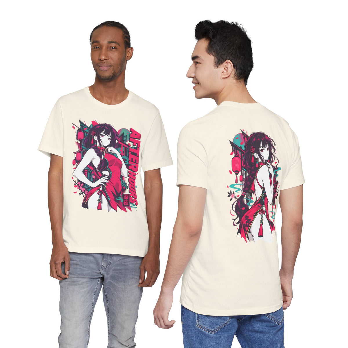 Anime Streetwear Tee – After Hours Neon Qipao Girl Graphic