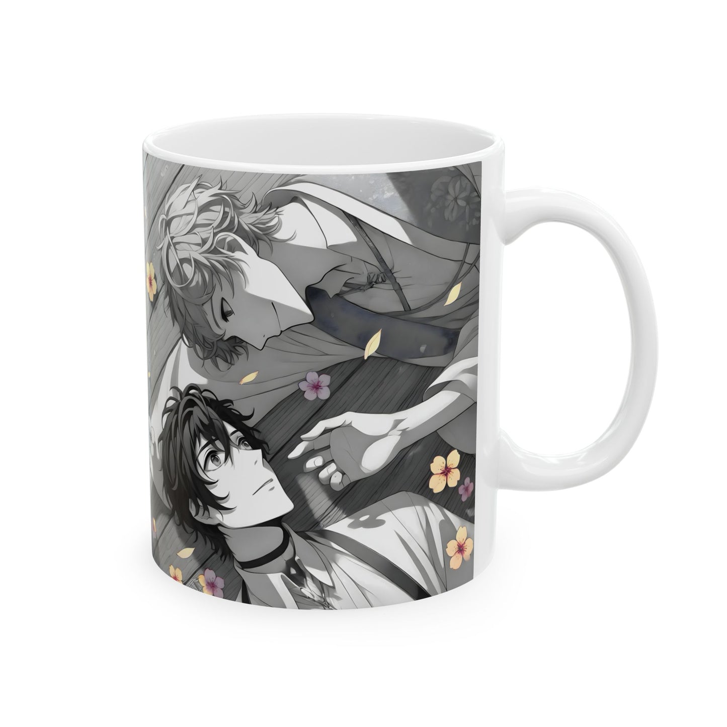 Boys Love Anime Mug – Soft Flower Petal Romance, Gentle BL Moment, Emotional Manga Coffee Cup