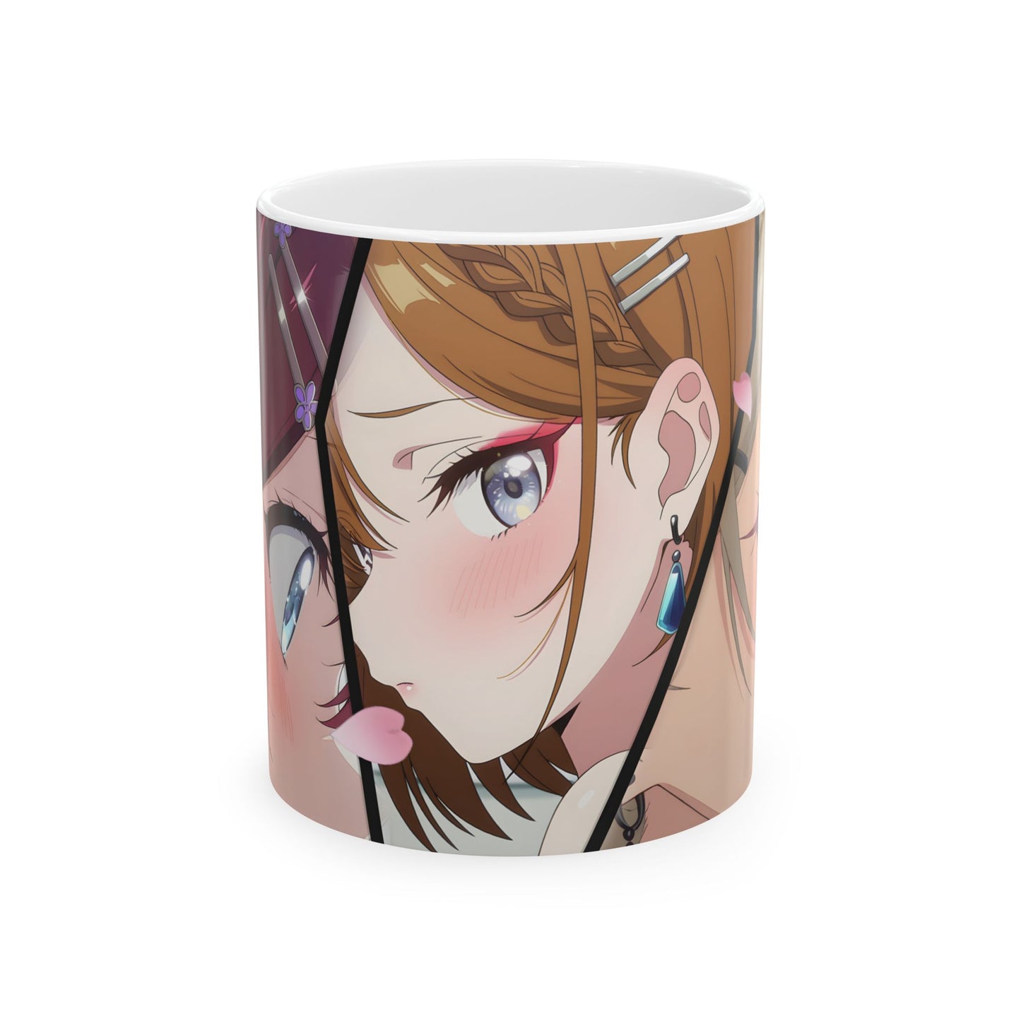 Anime Romance Mug – Blushing Rival Girls, Close-Up Love Triangle Scene, Emotional Manga Coffee Cup for Romantic Moments