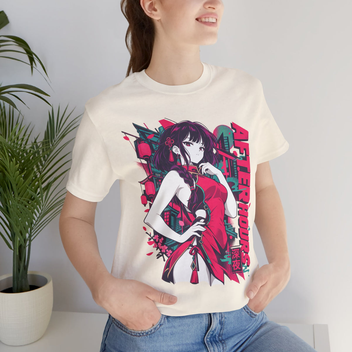 Anime Streetwear Tee – After Hours Neon Qipao Girl Graphic