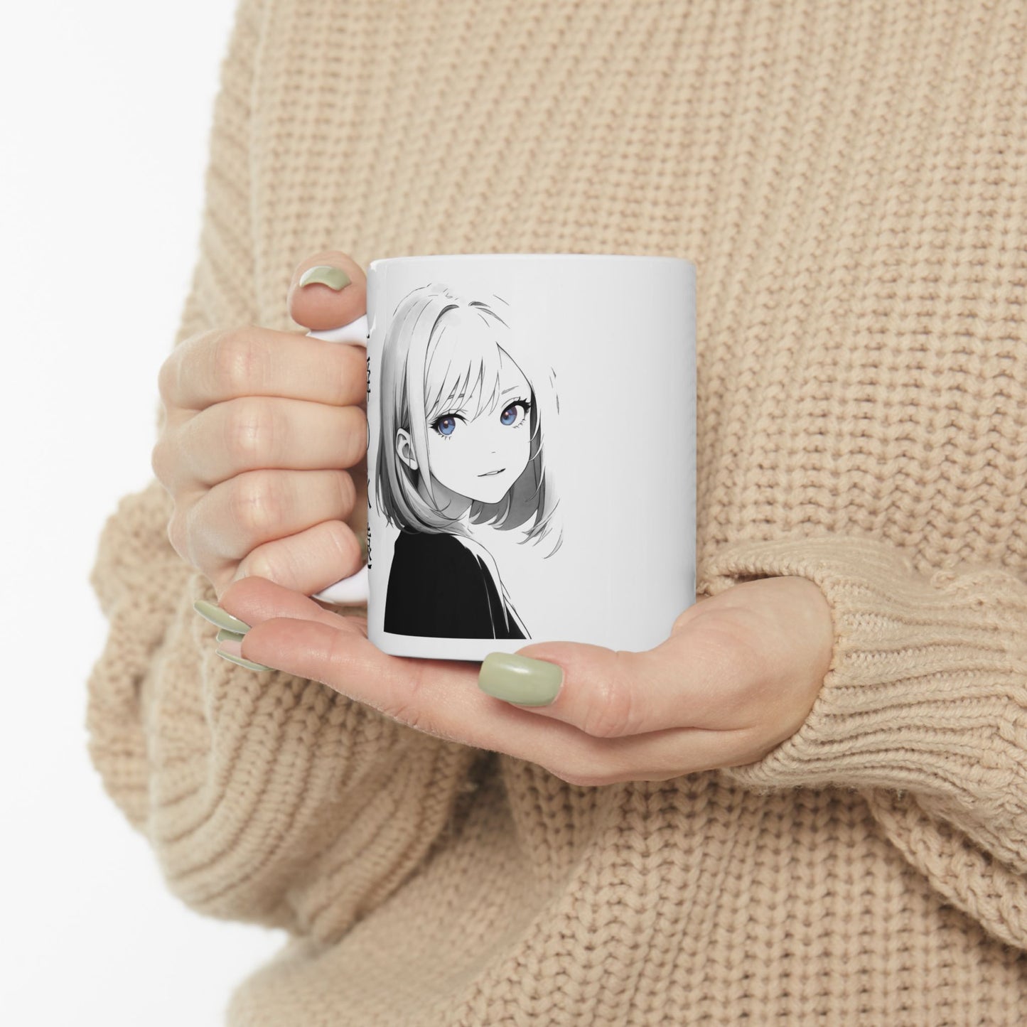 Anime Aesthetic Mug – Black and White Girl with Kanji, Minimalist Manga Coffee Cup Gift for Japanese Art and Thoughtful Moments