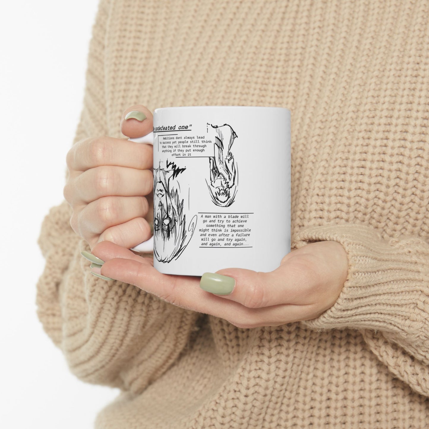 Cross-Eyed Samurai Mug – Fall of the Undefeated, Hand-Drawn Manga Art Coffee Cup, Mythic Anime Gift for Fans of Gritty Stories, B&W Samurai Design