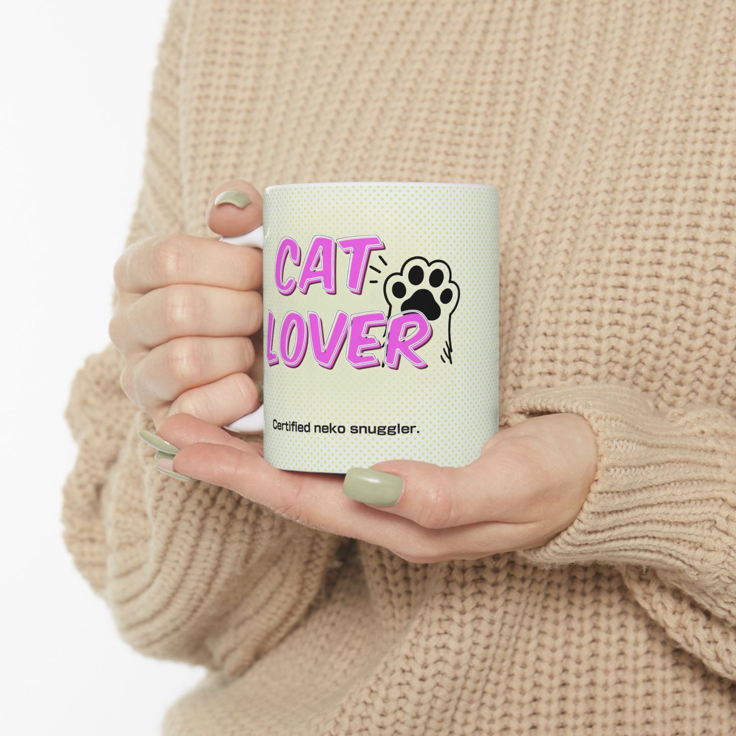 Kawaii Cat Mug – Cute Anime Girl Hugging Chubby Neko, Cozy Anime Coffee Cup for Cat Lovers