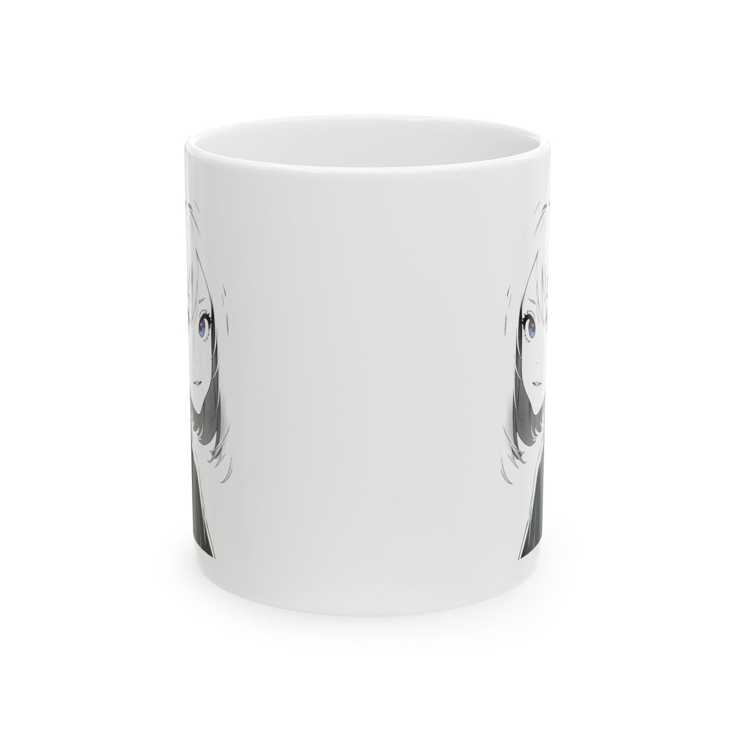 Anime Aesthetic Mug – Black and White Girl with Kanji, Minimalist Manga Coffee Cup Gift for Japanese Art and Thoughtful Moments
