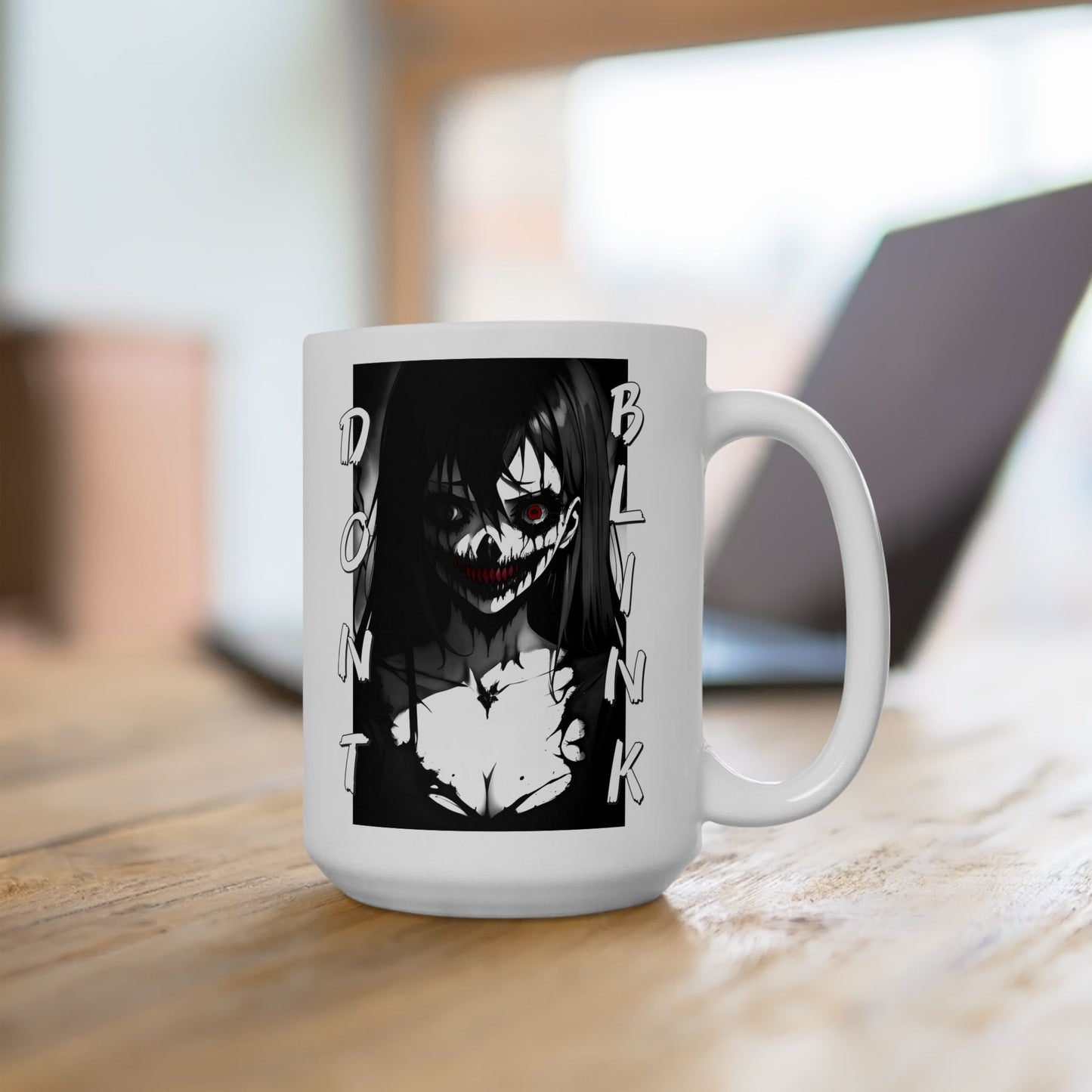 Horror Anime Girl Mug – Don’t Blink Creepy Manga Art Cup, Dark Aesthetic Coffee Gift for Horror Fans