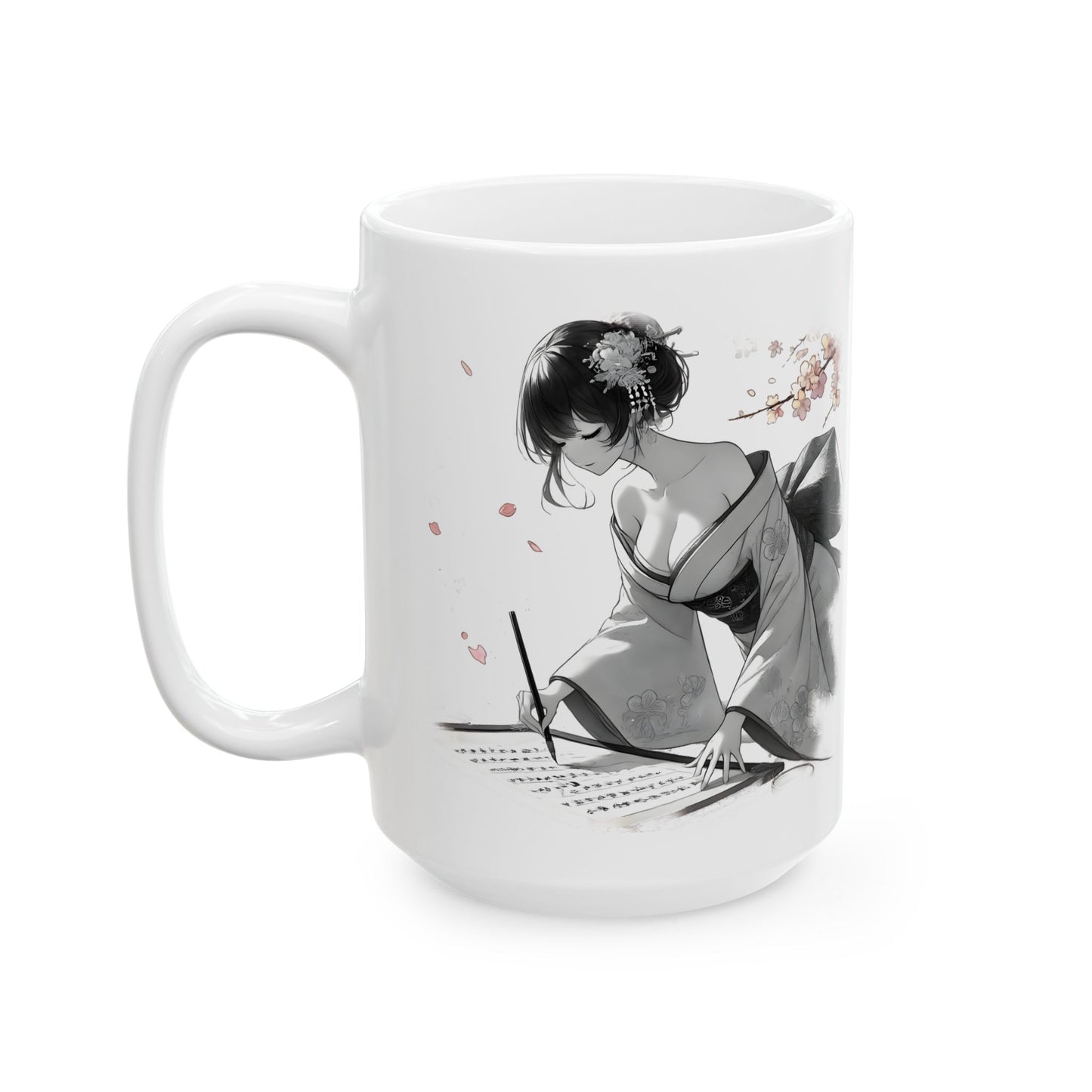 Geisha Writing Mug – Elegant Kimono Anime Girl Coffee Cup, Japanese Art Gift for Writers, Poets, and Feminine Aesthetic Collectors