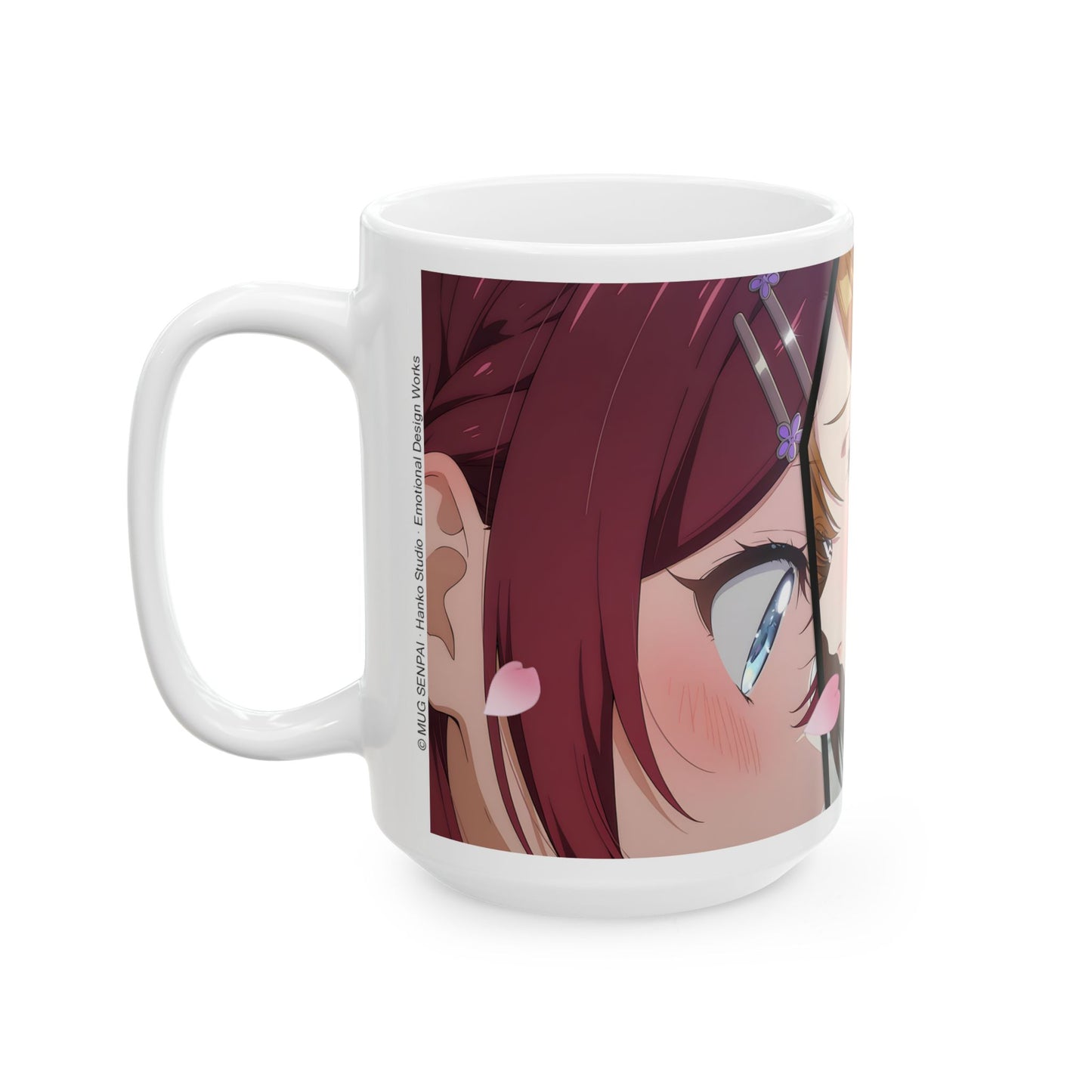 Anime Romance Mug – Blushing Rival Girls, Close-Up Love Triangle Scene, Emotional Manga Coffee Cup for Romantic Moments