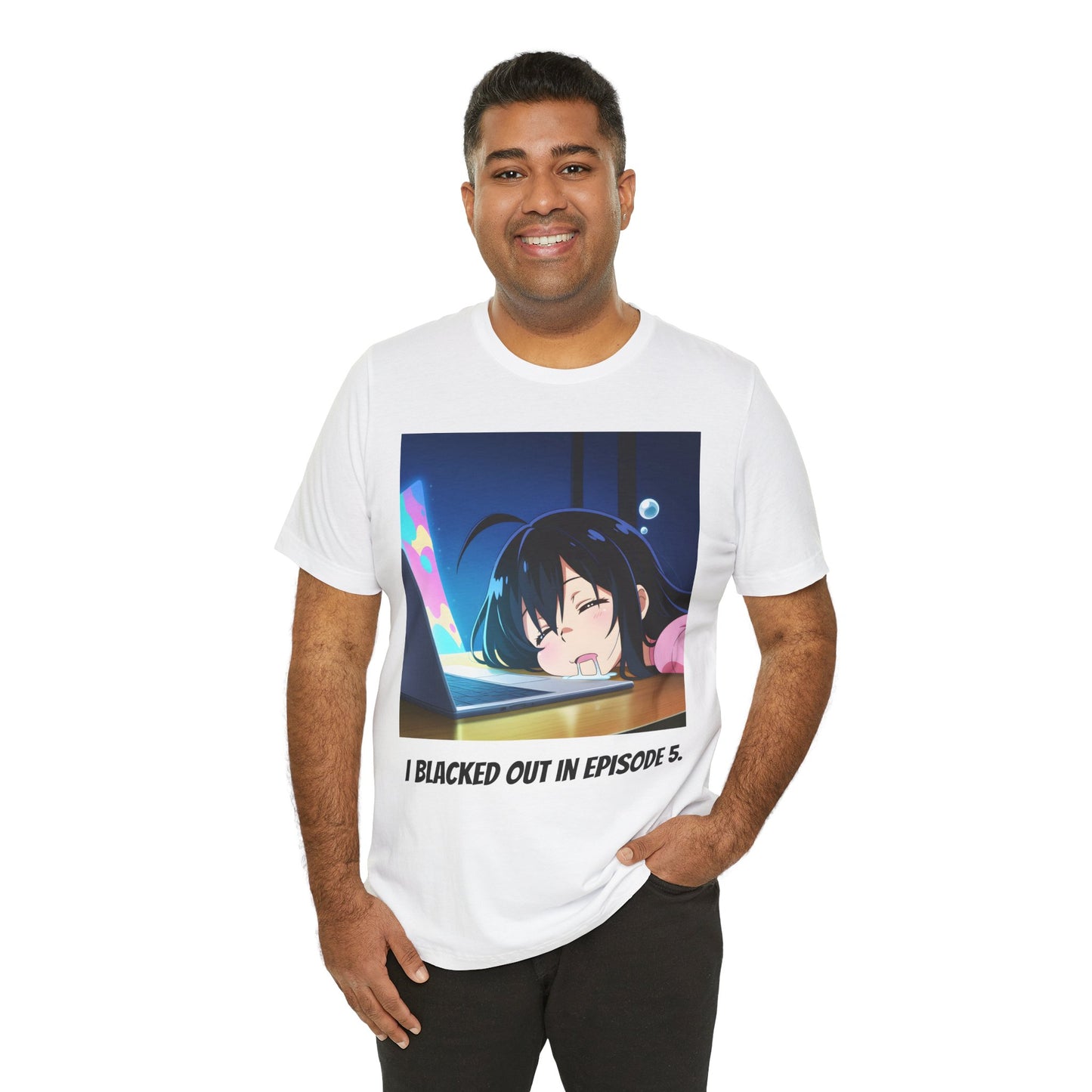 Anime Blackout T-Shirt – I Blacked Out in Episode 5, Drooling Girl Meme Tee, Relatable Otaku Shirt for Exhausted Students and Fans