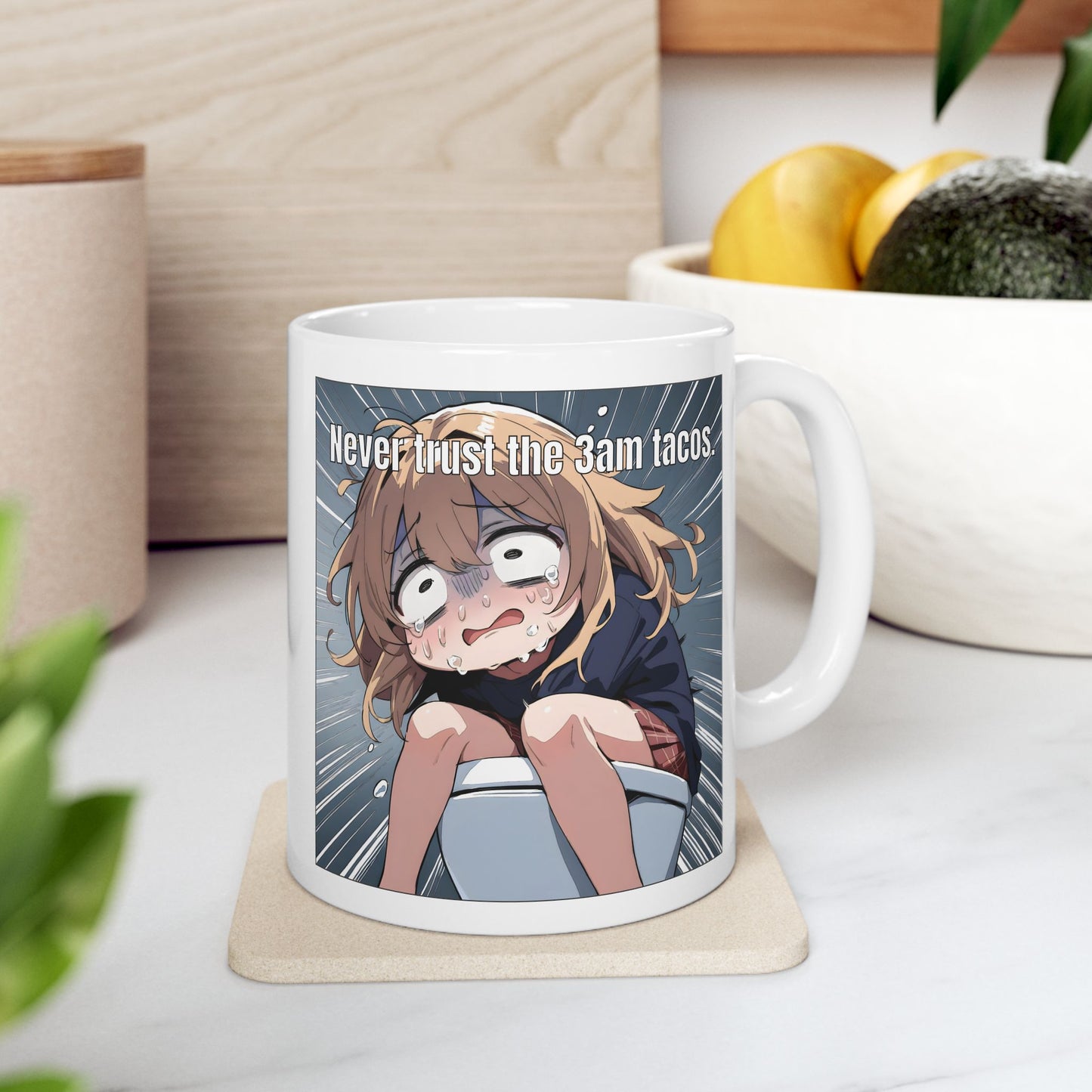 Funny Anime Mug – Crying Girl on Toilet Meme, Late Night Regret, Hilarious Gift for Anime Fans and Chaotic Foodies