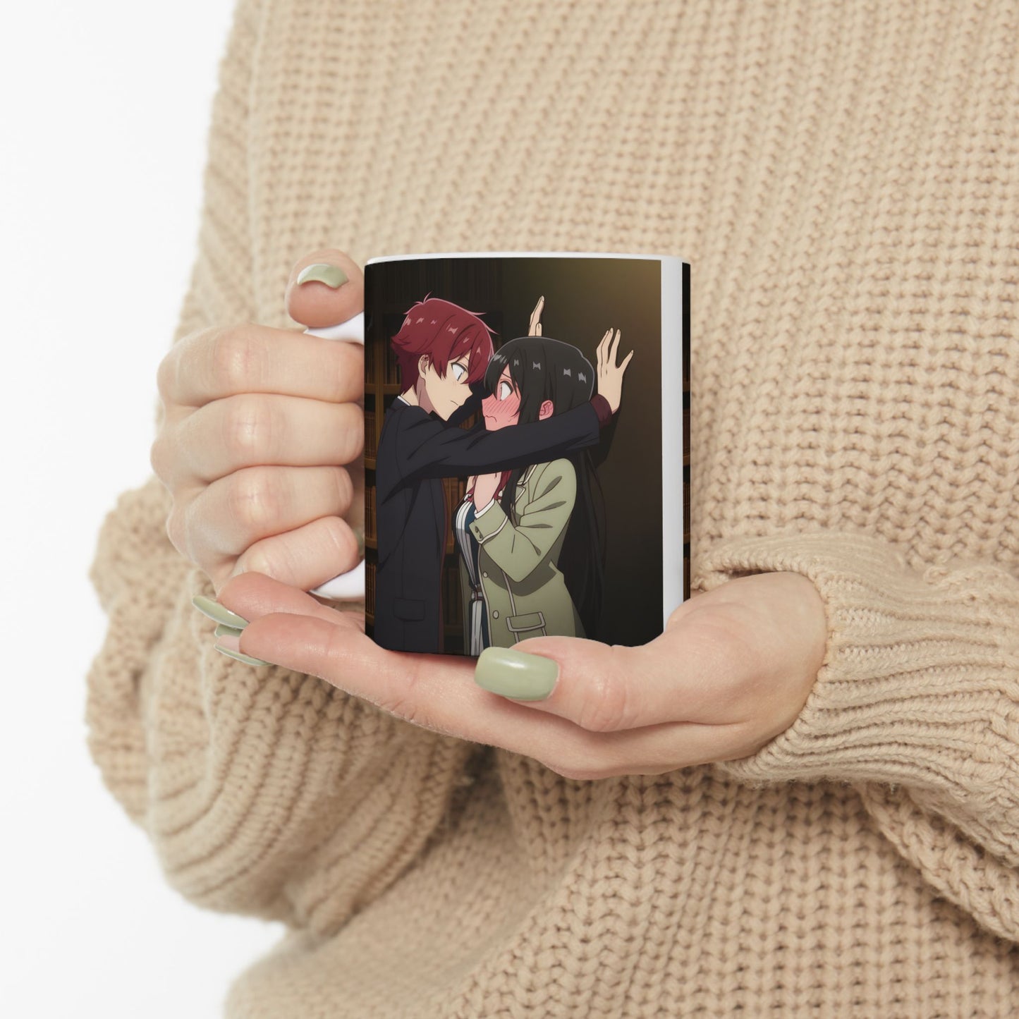 Anime Romance Mug – Heart-Stopping Kabe-Don Scene, Blushing Library Moment, Cute Couple Coffee Cup