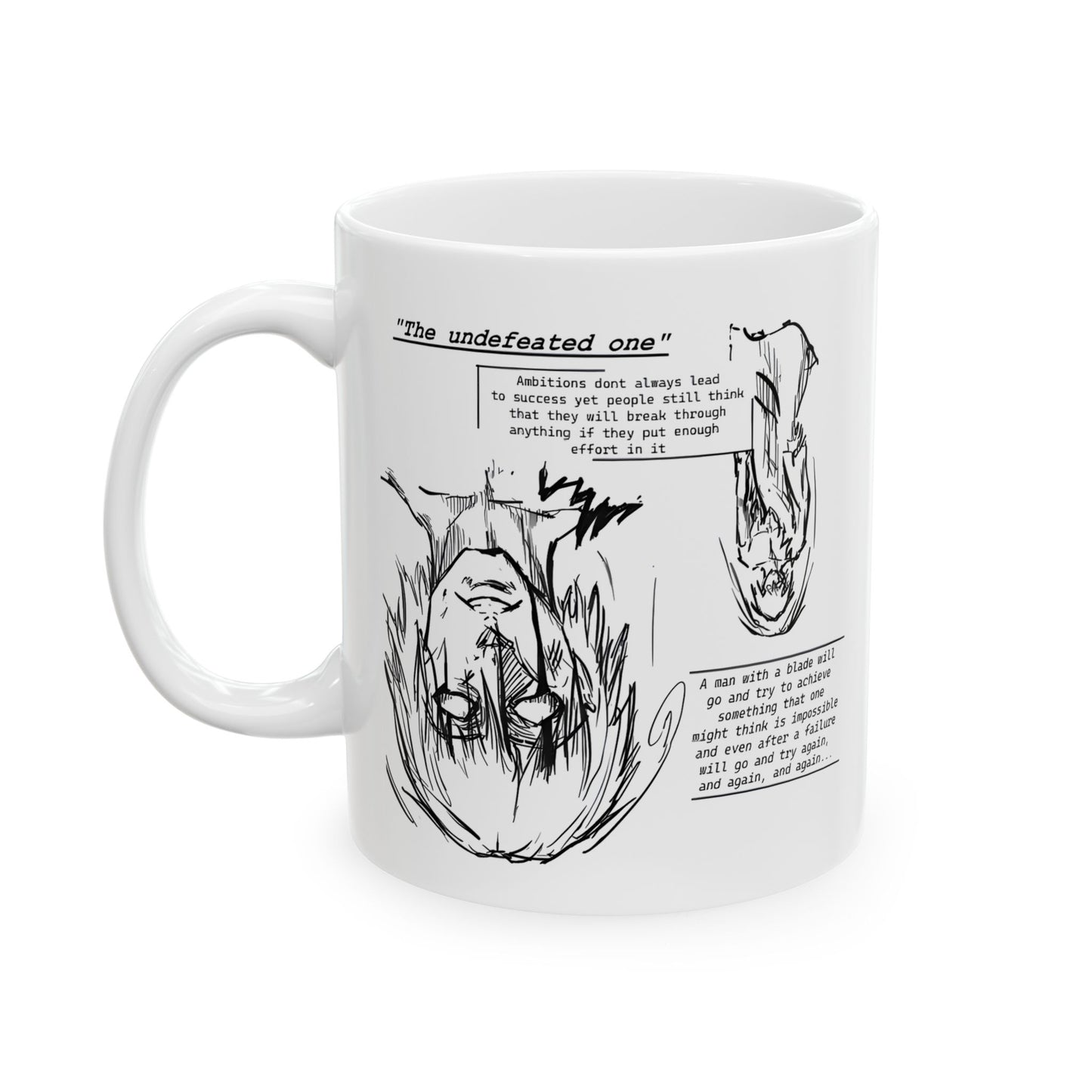 Cross-Eyed Samurai Mug – Fall of the Undefeated, Hand-Drawn Manga Art Coffee Cup, Mythic Anime Gift for Fans of Gritty Stories, B&W Samurai Design