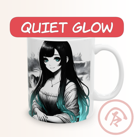 Anime aesthetic mug featuring a serene manga-style portrait of a girl with long black hair fading into teal tips. She has soft green eyes, a gentle smile, and a calm, elegant expression reminiscent of a reimagined classic painting. Black-and-white shading with teal highlights creates a peaceful, artistic mood. Full wrap print on a white ceramic mug.