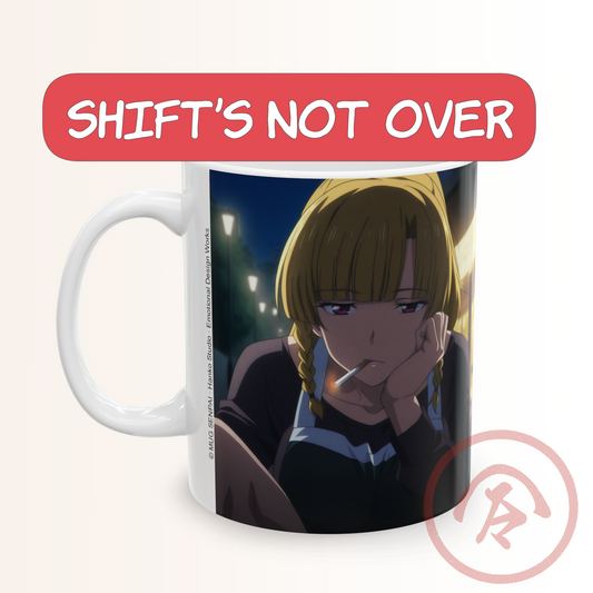 Anime aesthetic mug featuring a tired blonde girl sitting outside a bar at night, resting her head on her hand with a lit cigarette. Streetlights glow softly behind her, creating a moody late-night atmosphere. Her expression shows exhaustion and quiet emotion, capturing a realistic anime moment perfect for night-shift or burnout vibes. Full wrap print preserves all details.