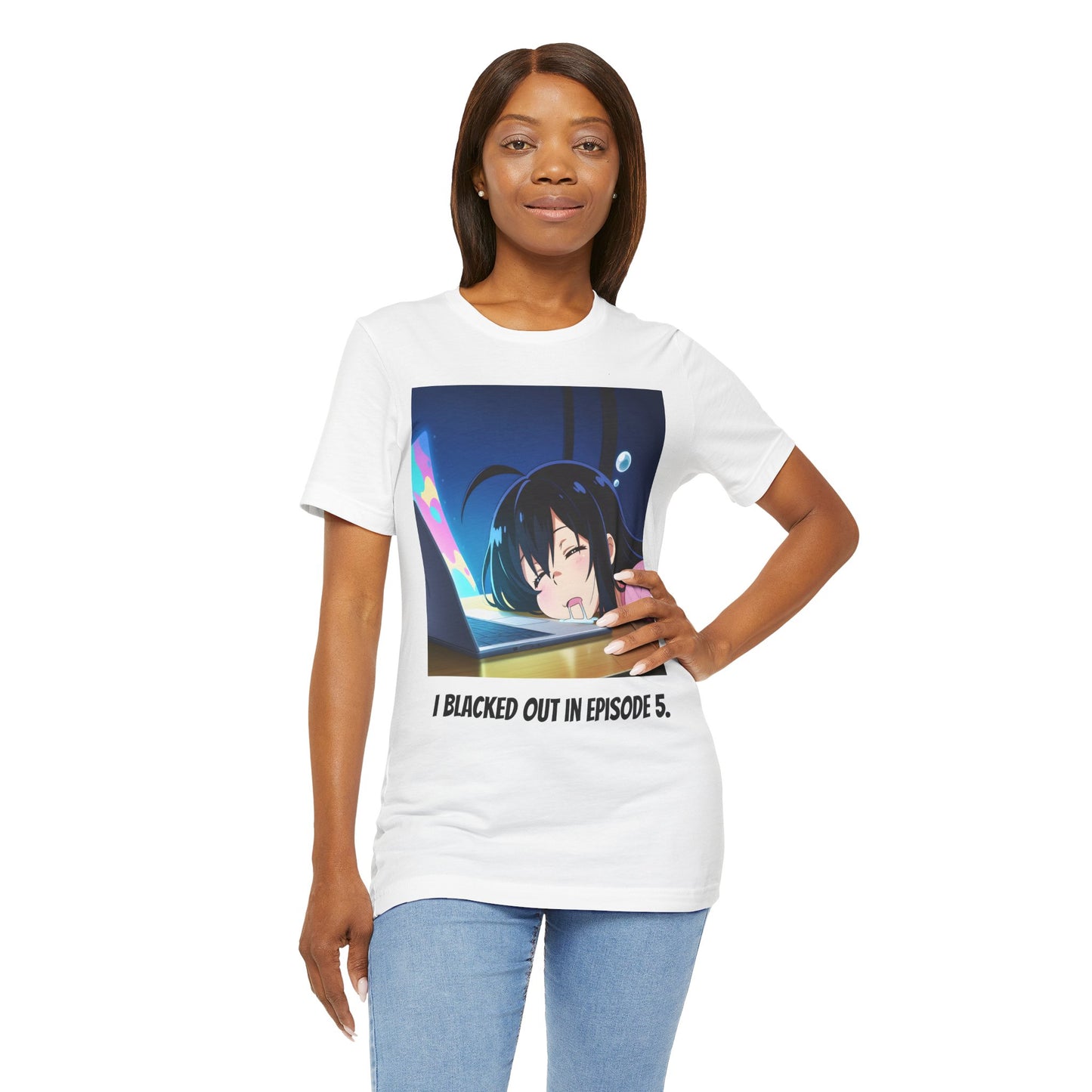 Anime blackout t-shirt with a print of a passed-out anime girl and the caption “I blacked out in episode 5.” Backside features bold text: “I woke up and the villain was my favorite character.” A chaotic and funny statement shirt for anime lovers.