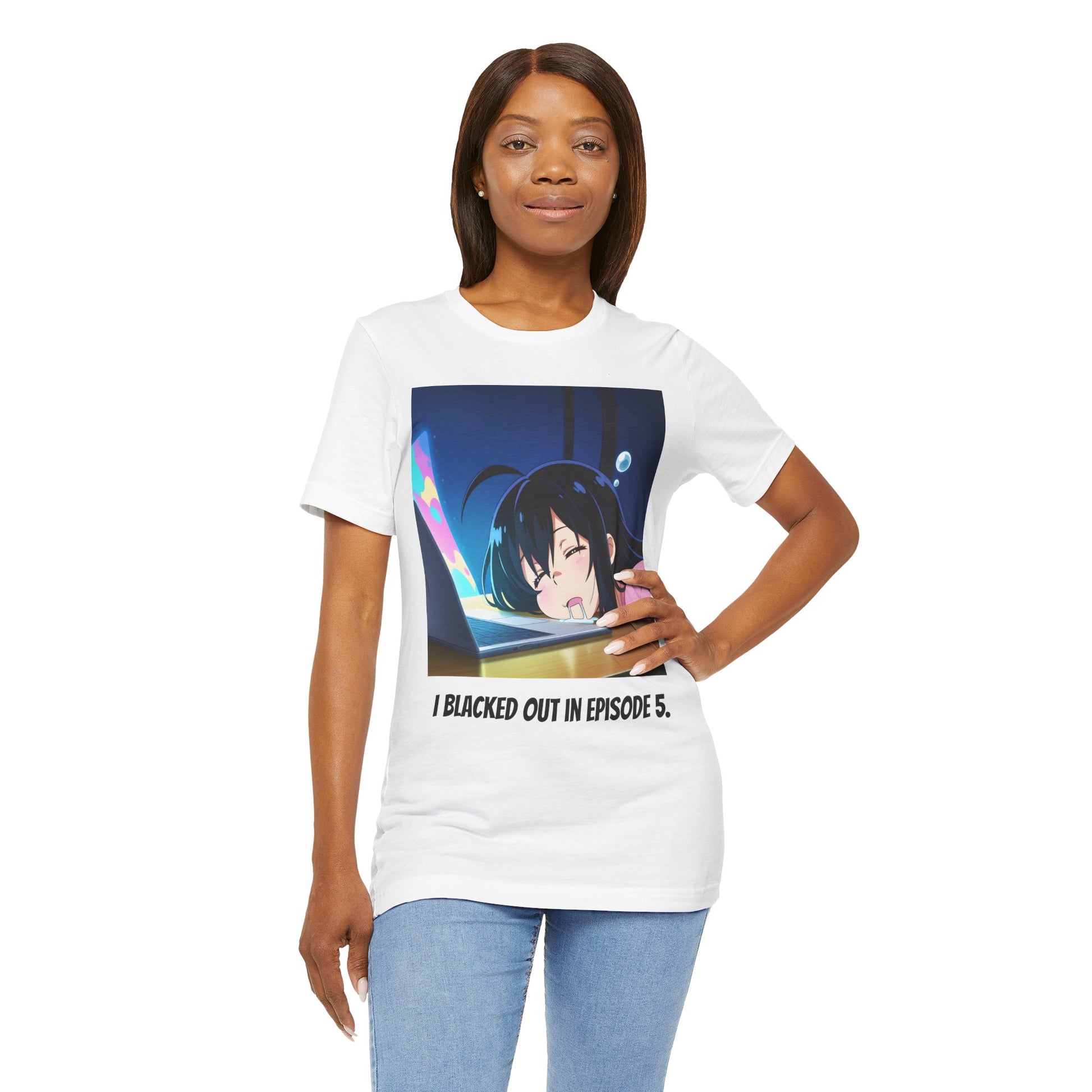 Anime blackout t-shirt with a print of a passed-out anime girl and the caption “I blacked out in episode 5.” Backside features bold text: “I woke up and the villain was my favorite character.” A chaotic and funny statement shirt for anime lovers.