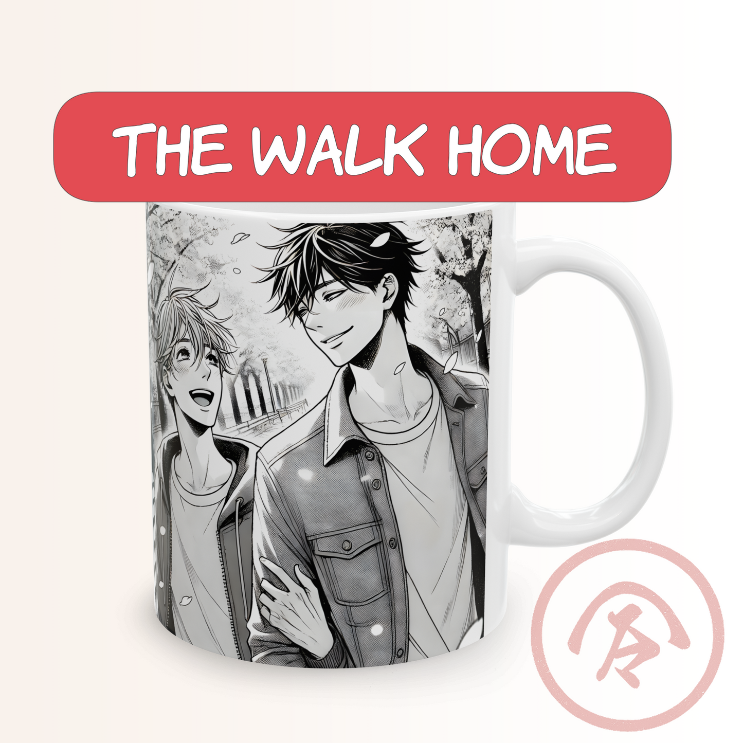 Anime boys love mug featuring two boys walking side by side beneath falling petals in a soft, monochrome manga style. One boy laughs brightly while the other gives him a warm, fond smile, their shoulders brushing as they move. The scene feels calm, gentle, and intimate — capturing a quiet BL moment full of unspoken affection and everyday warmth. Printed in clean black-and-white with crisp linework.