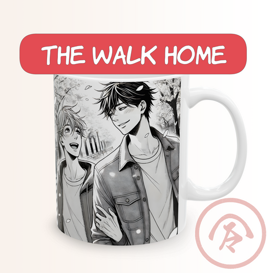 Anime boys love mug featuring two boys walking side by side beneath falling petals in a soft, monochrome manga style. One boy laughs brightly while the other gives him a warm, fond smile, their shoulders brushing as they move. The scene feels calm, gentle, and intimate — capturing a quiet BL moment full of unspoken affection and everyday warmth. Printed in clean black-and-white with crisp linework.