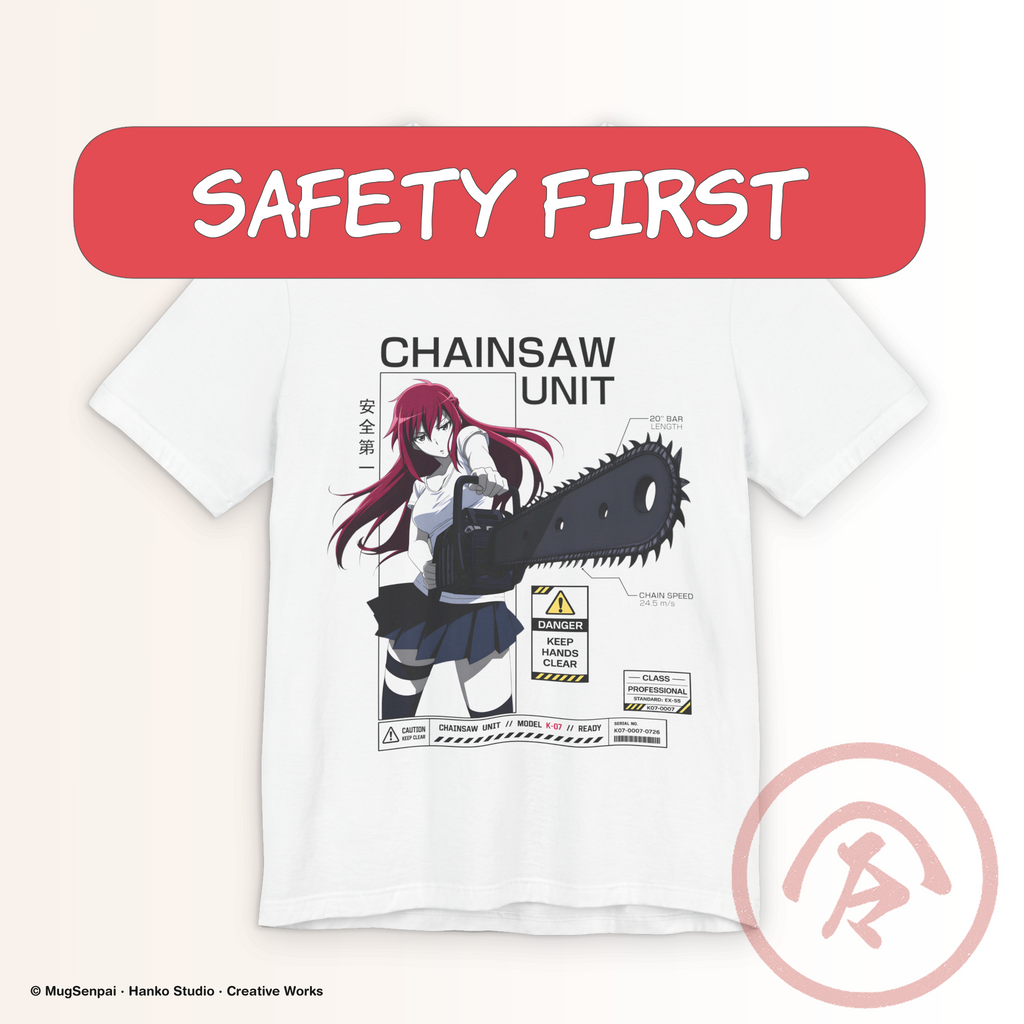 Anime Chainsaw Shirt featuring a red-haired manga girl wielding an oversized chainsaw with industrial warning labels, Japanese typography, and modern streetwear graphics. A premium graphic T-shirt for anime fans, manga lovers, conventions, and everyday casual wear.