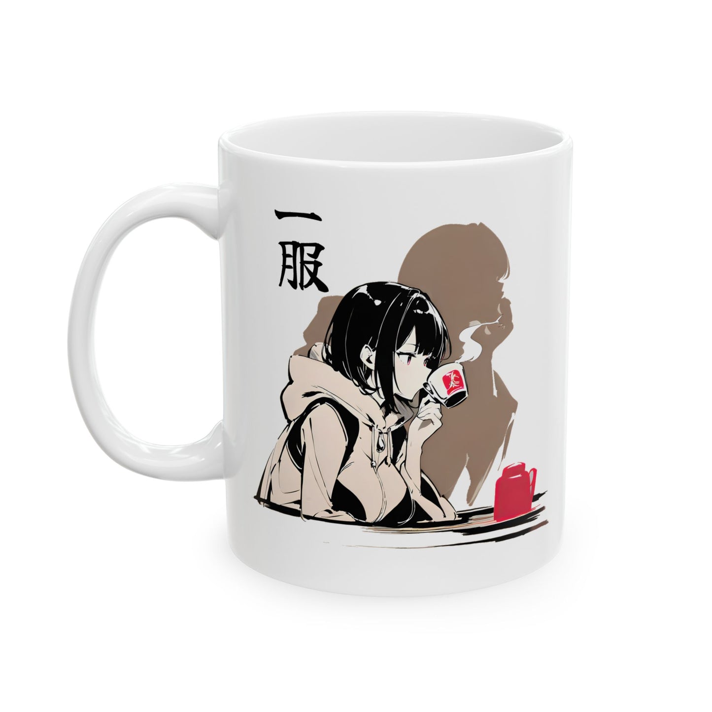 Anime coffee mug featuring a stylish anime girl sipping from a red cup, with a warm silhouette behind her and minimalist Japanese design elements. Perfect for fans of chill, aesthetic manga scenes.