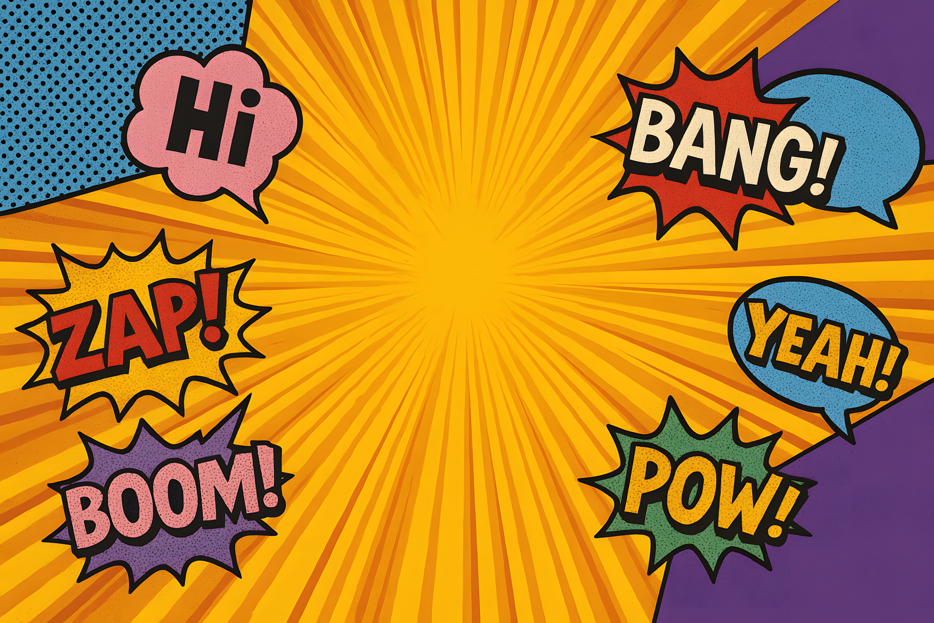 Anime comic style background with colorful pop art speech bubbles and dynamic burst design for anime merch website