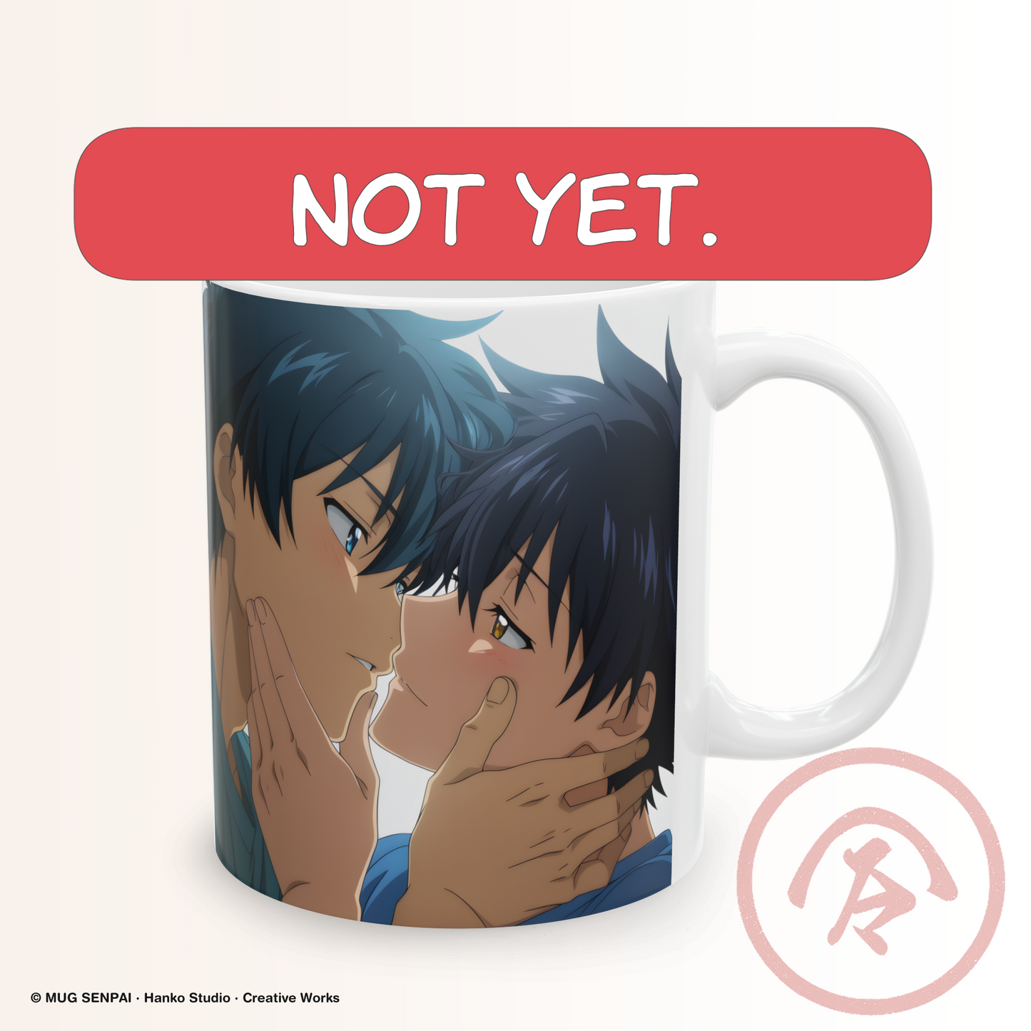 Anime couple mug featuring two anime characters leaning in close with hands gently holding each other’s faces, moments before a kiss. The scene captures soft lighting, intense eye contact, and emotional tension, creating a romantic and intimate atmosphere. The composition highlights a quiet, slow-burn connection with a focus on closeness and subtle expression.