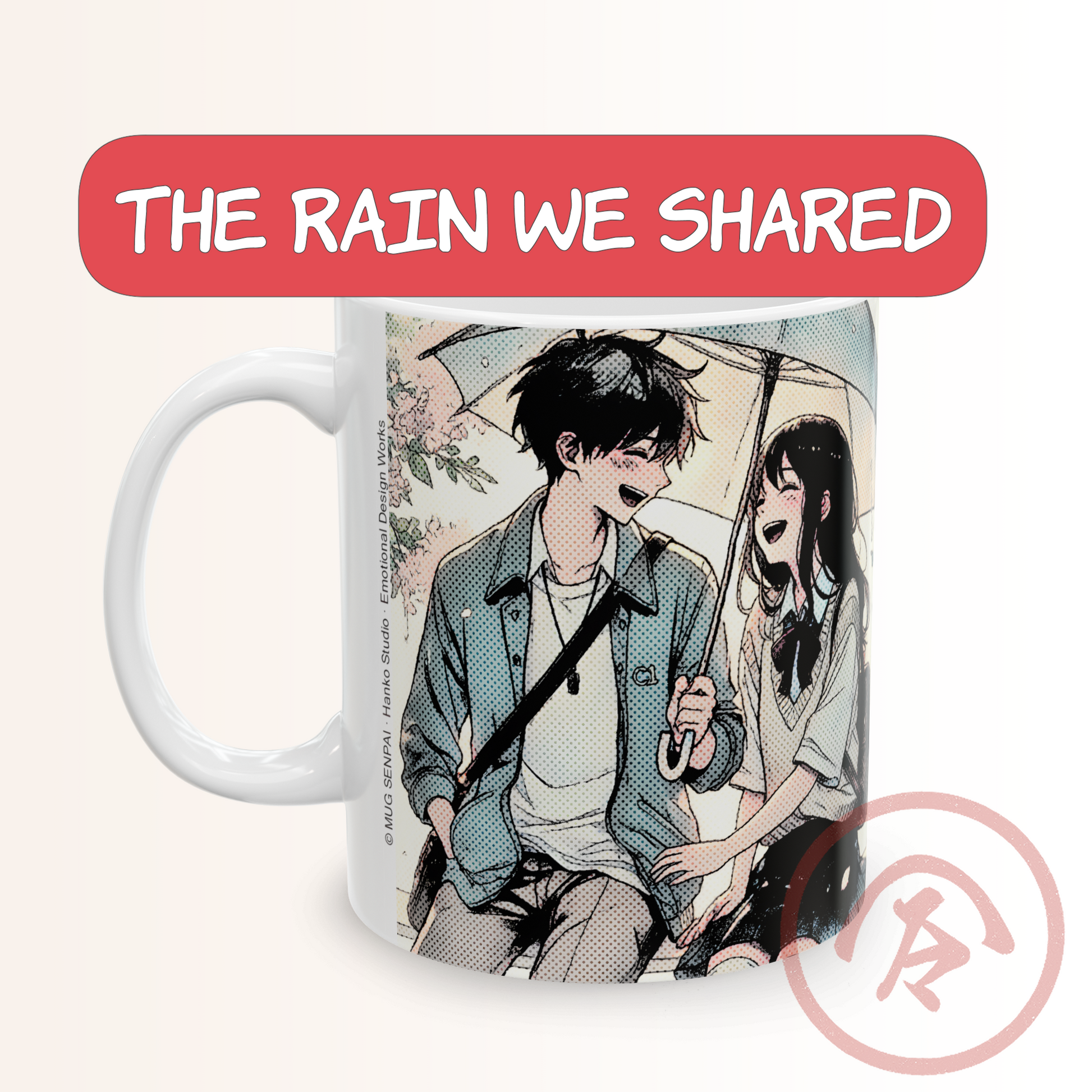 Anime couple mug showing a soft romantic rain scene with two students sharing an umbrella, smiling at each other as they walk. The boy wears a light jacket and carries a bag, while the girl laughs beside him, both framed by gentle manga-style shading and pastel tones. The artwork feels warm, intimate, and nostalgic — capturing the quiet spark and unspoken connection between two people in a shared rainy moment.