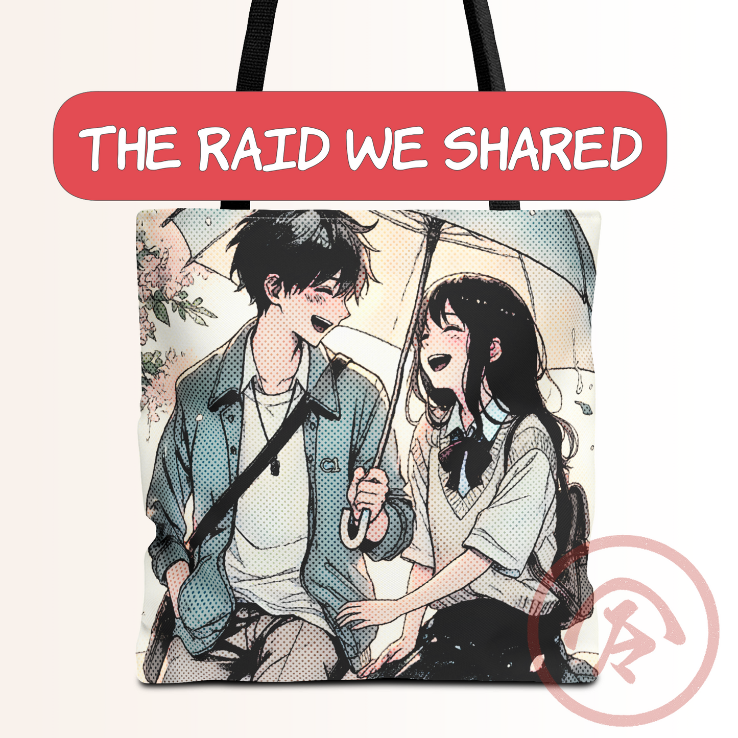 Anime couple tote bag featuring a cute romantic rain scene of a boy and girl sharing an umbrella while smiling warmly at each other. The artwork uses soft pastel tones and manga-style halftone shading, with gentle raindrops and floral details in the background. Their expressions are joyful and shy, capturing a sweet almost-confession moment. Printed edge-to-edge for a full, vibrant design.