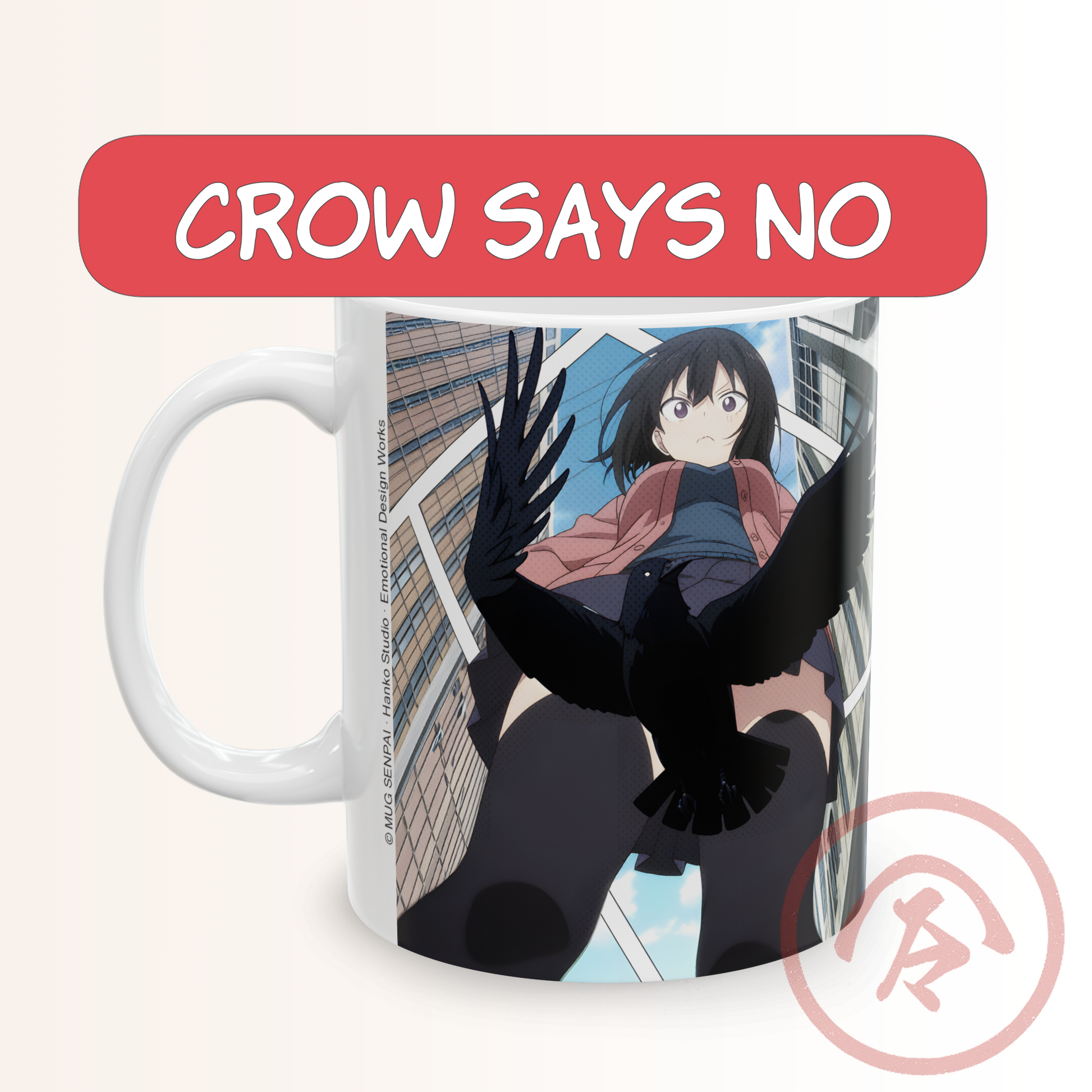 Anime funny mug featuring a comedic parody scene of a crow flying directly into a dramatic low-angle shot of a surprised anime girl. The bird blocks the camera view with wide wings, ruining the trope while the girl stands shocked between tall buildings. Bright colors, manga shading, and meme-style composition create a hilarious moment. Full wrap print for clear visibility.
