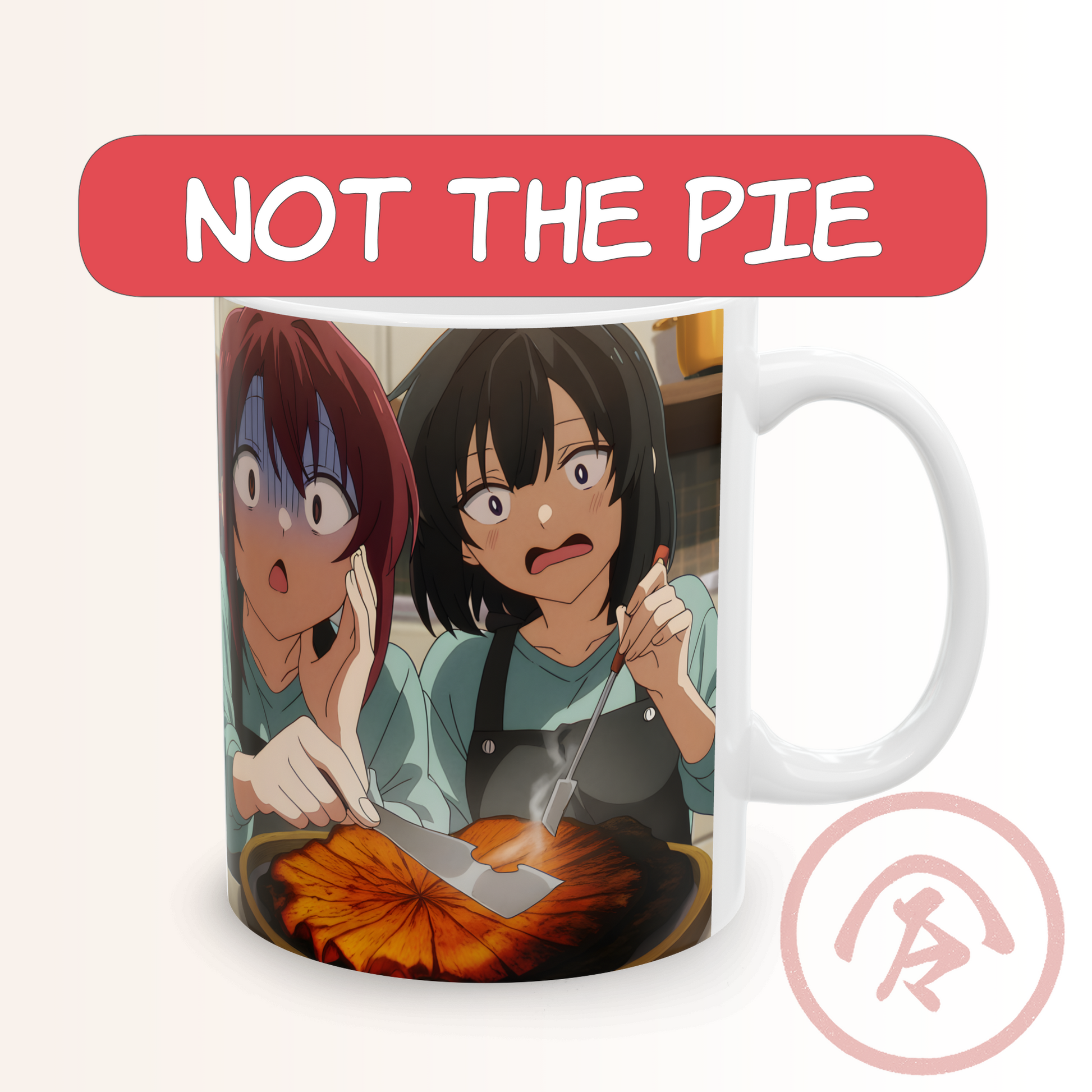 Anime funny mug featuring two girls in a chaotic cooking fail scene. One girl looks horrified while the other pokes a smoking, burnt pie with a spatula. Their shocked expressions and the dramatic kitchen disaster create a humorous, energetic anime moment. Full wrap print on a white ceramic mug, ideal for fans of comedic anime and baking mishaps.