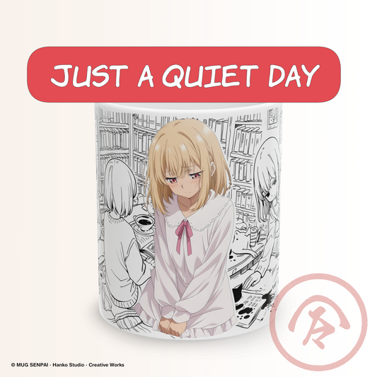 Anime girl mug featuring a blonde anime girl sitting quietly in a cozy indoor setting surrounded by books and soft details, with a calm and slightly introspective expression. The background includes a sketch-style room with shelves, coffee, and everyday objects, creating a peaceful slice-of-life atmosphere focused on quiet living and introverted comfort.