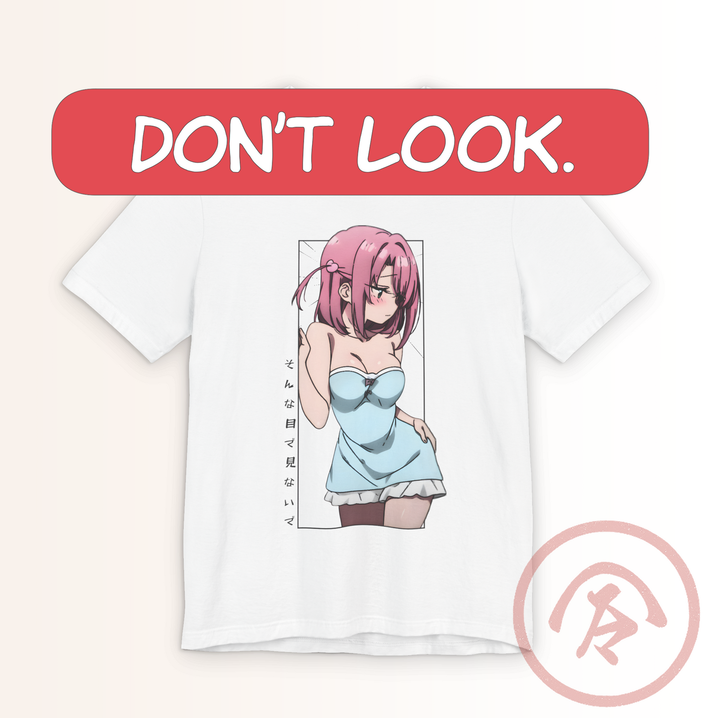 Anime girl t shirt featuring a pink-haired anime girl blushing and turning away in a classic tsundere fluster. She wears a pale blue dress, shoulders slightly raised as she avoids eye contact, framed in a manga-style panel with vertical Japanese text. Soft pastel shading and a shy, emotional pose create a tender, embarrassed aesthetic that captures a sweet rom-com moment on a clean white tee.