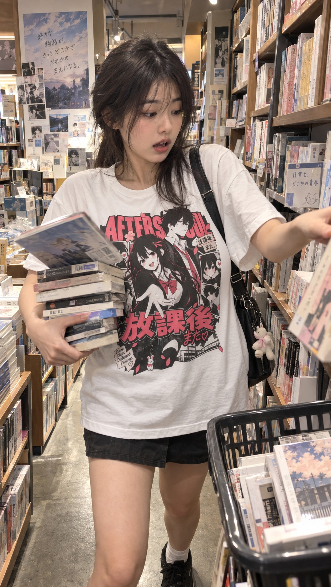 Young woman wearing a white anime graphic T-shirt in a manga shop while balancing a stack of books just before they begin to slip.