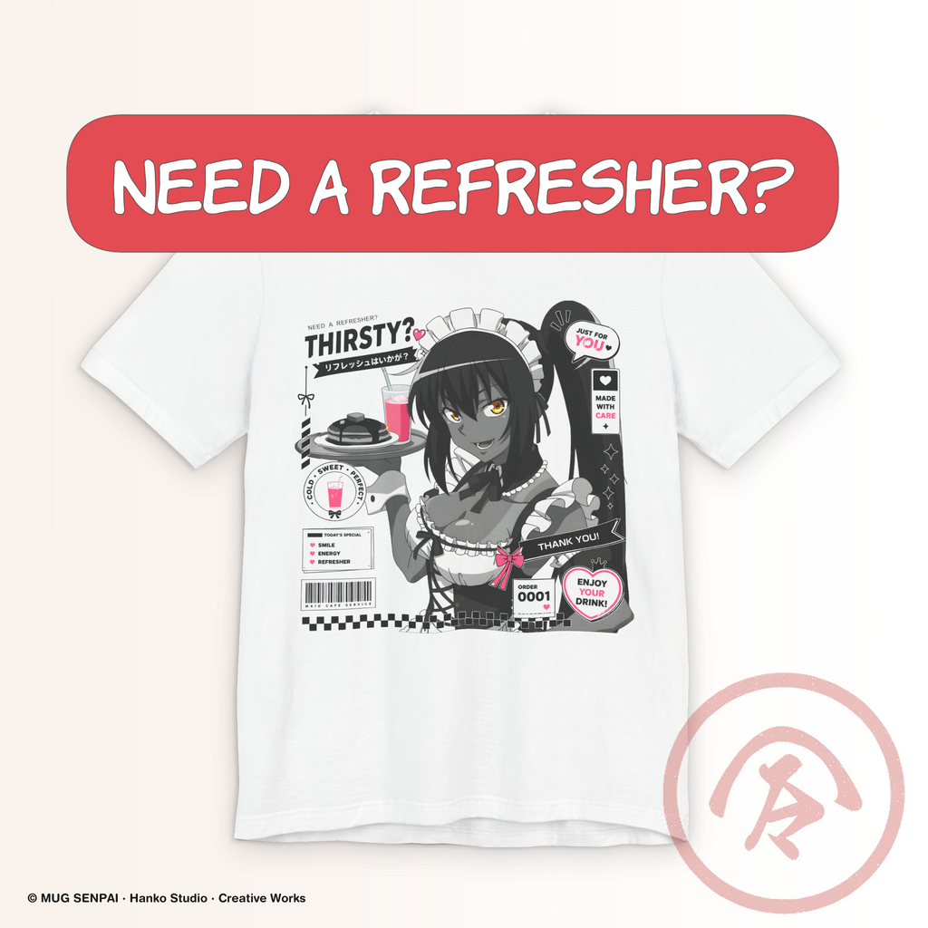 Anime Maid Shirt featuring a kawaii manga-style maid serving a pink refresher with playful café graphics, Japanese-inspired typography, and modern anime aesthetics. A premium graphic T-shirt for anime fans, maid café lovers, conventions, Japanese streetwear, and everyday casual wear.