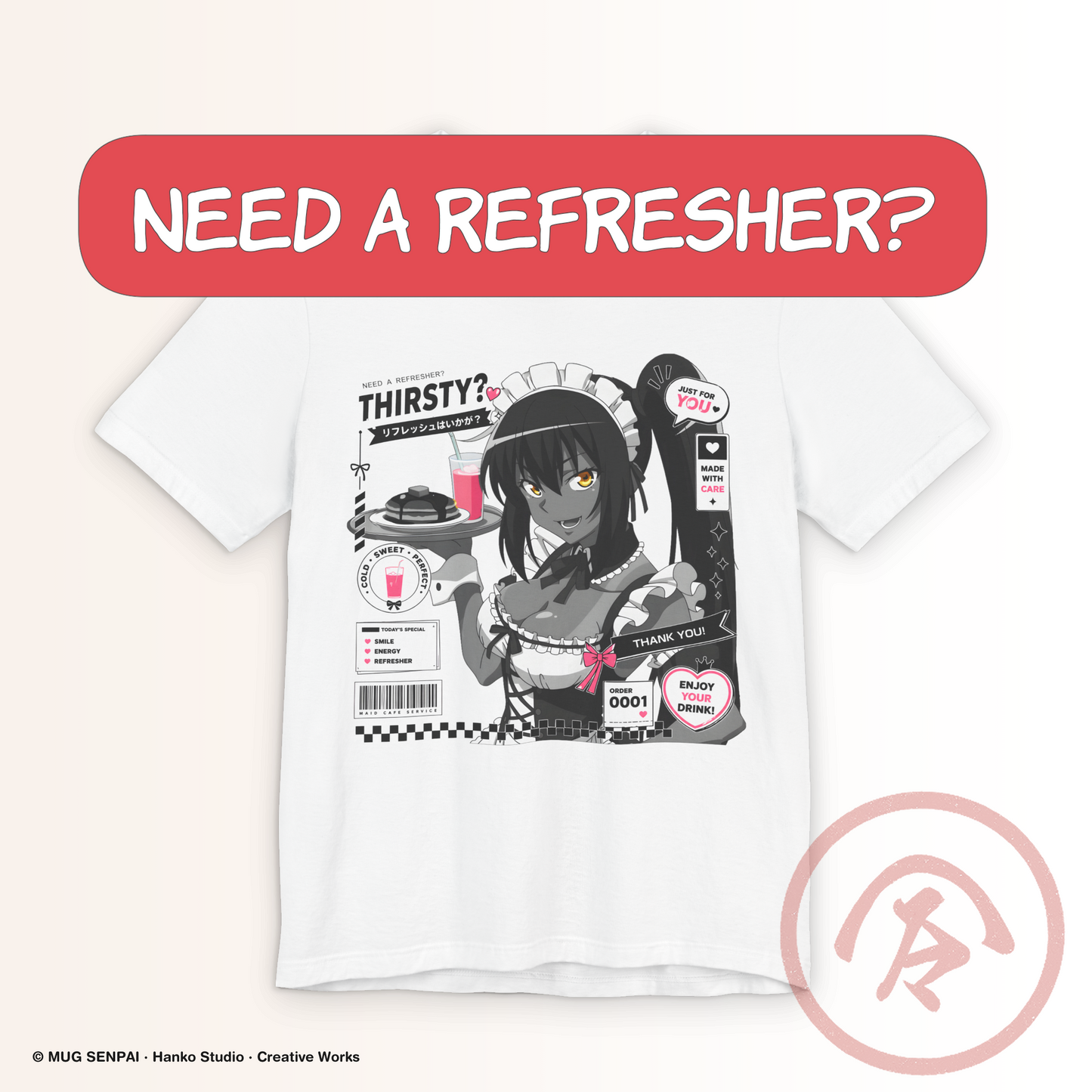 Anime Maid Shirt featuring a kawaii manga-style maid serving a pink refresher with playful café graphics, Japanese-inspired typography, and modern anime aesthetics. A premium graphic T-shirt for anime fans, maid café lovers, conventions, Japanese streetwear, and everyday casual wear.
