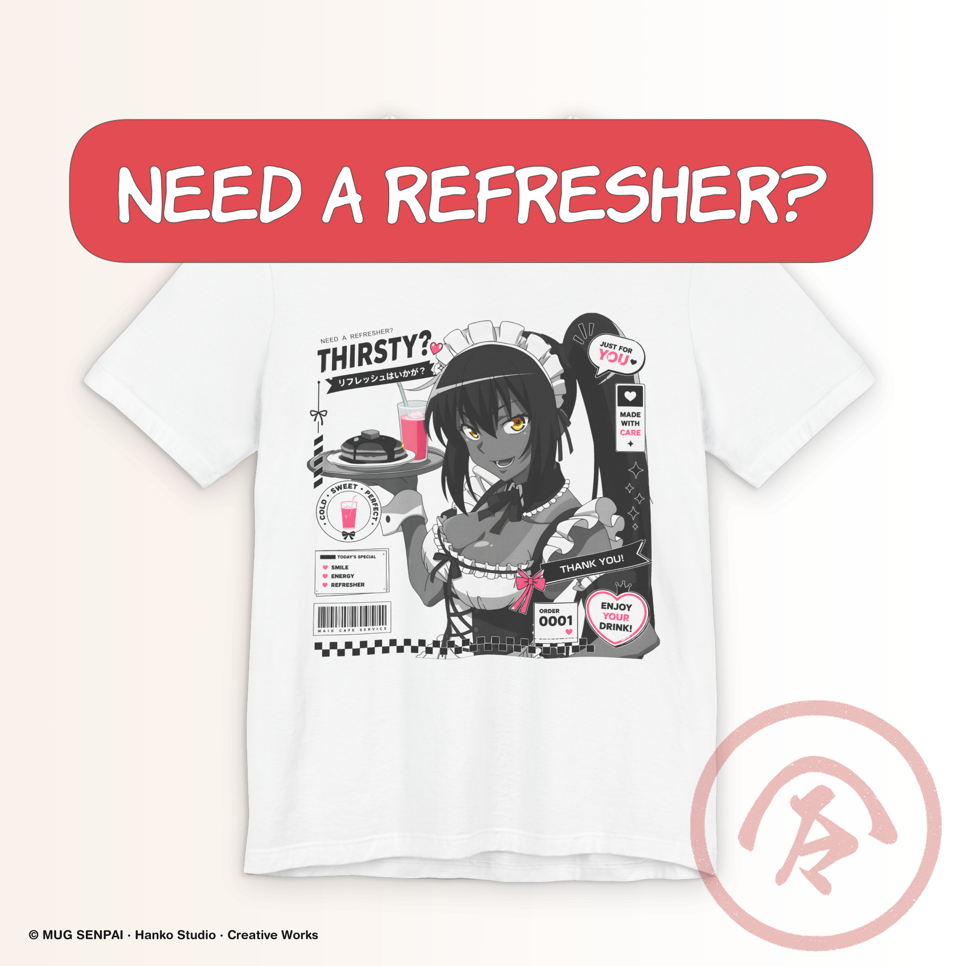 Anime Maid Shirt featuring a kawaii manga-style maid serving a pink refresher with playful café graphics, Japanese-inspired typography, and modern anime aesthetics. A premium graphic T-shirt for anime fans, maid café lovers, conventions, Japanese streetwear, and everyday casual wear.