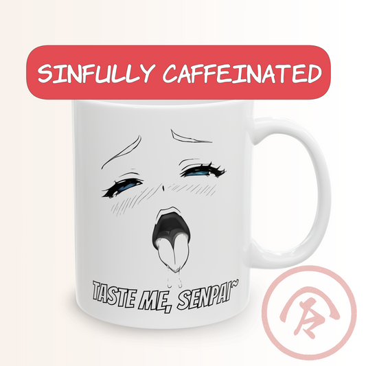 Anime meme mug featuring a dramatic black-and-white manga reaction face with wide eyes, flushed cheeks, and tongue-out expression. Bold, exaggerated panel-style art on a white ceramic mug with the text “Taste Me, Senpai.” Designed for fans of chaotic otaku humor and over-the-top reaction faces. Full wrap print keeps all details sharp.
