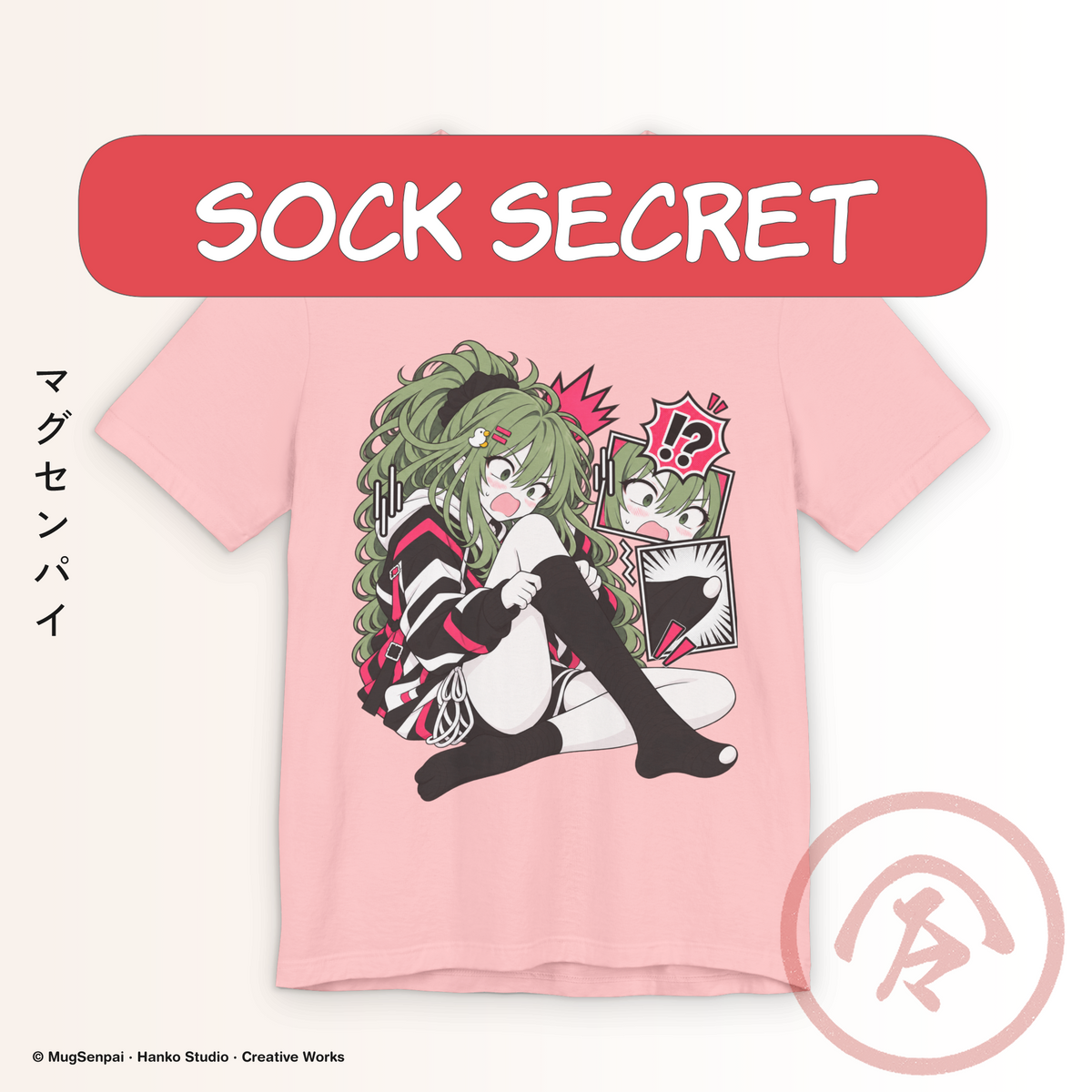 Pink anime meme tee featuring a green-haired manga girl sitting in comic-style shock after noticing a hole in the toe of her black sock, surrounded by pink reaction marks and manga panels.