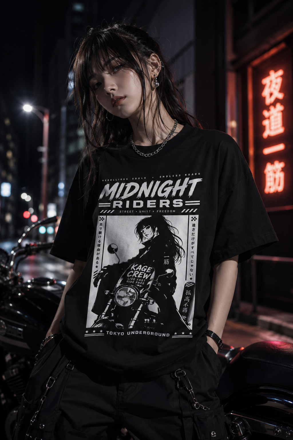 Japanese model wearing a black Midnight Riders anime motorcycle graphic T-shirt while posing beside a motorcycle on a neon-lit city street at night.