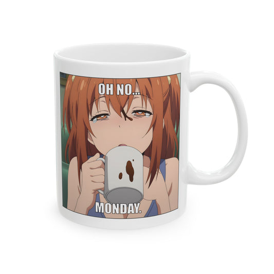 Anime Monday mug featuring a sleepy anime girl with reddish-orange hair, half-lidded eyes, and a blank stare of defeat as she sips coffee. The text above and below reads “Oh no… Monday.” The scene captures exhaustion, morning misery, and deep emotional unpreparedness in meme-perfect anime style. The design is relatable, funny, and perfect for anyone who hates mornings, loves anime memes, or needs a mug that speaks their burnout fluently.