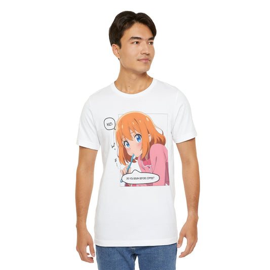 Anime morning t-shirt featuring a kawaii orange-haired anime girl with blue eyes holding a toothbrush, looking directly at the viewer with gentle judgment. The manga panel-style text says “Did you brush before coffee?” with a small “WAT” speech bubble for added humor. The image is printed on a white Bella+Canvas shirt, giving off cute but confrontational energy. Perfect for anime fans who embrace chaos, caffeine, and consequences.