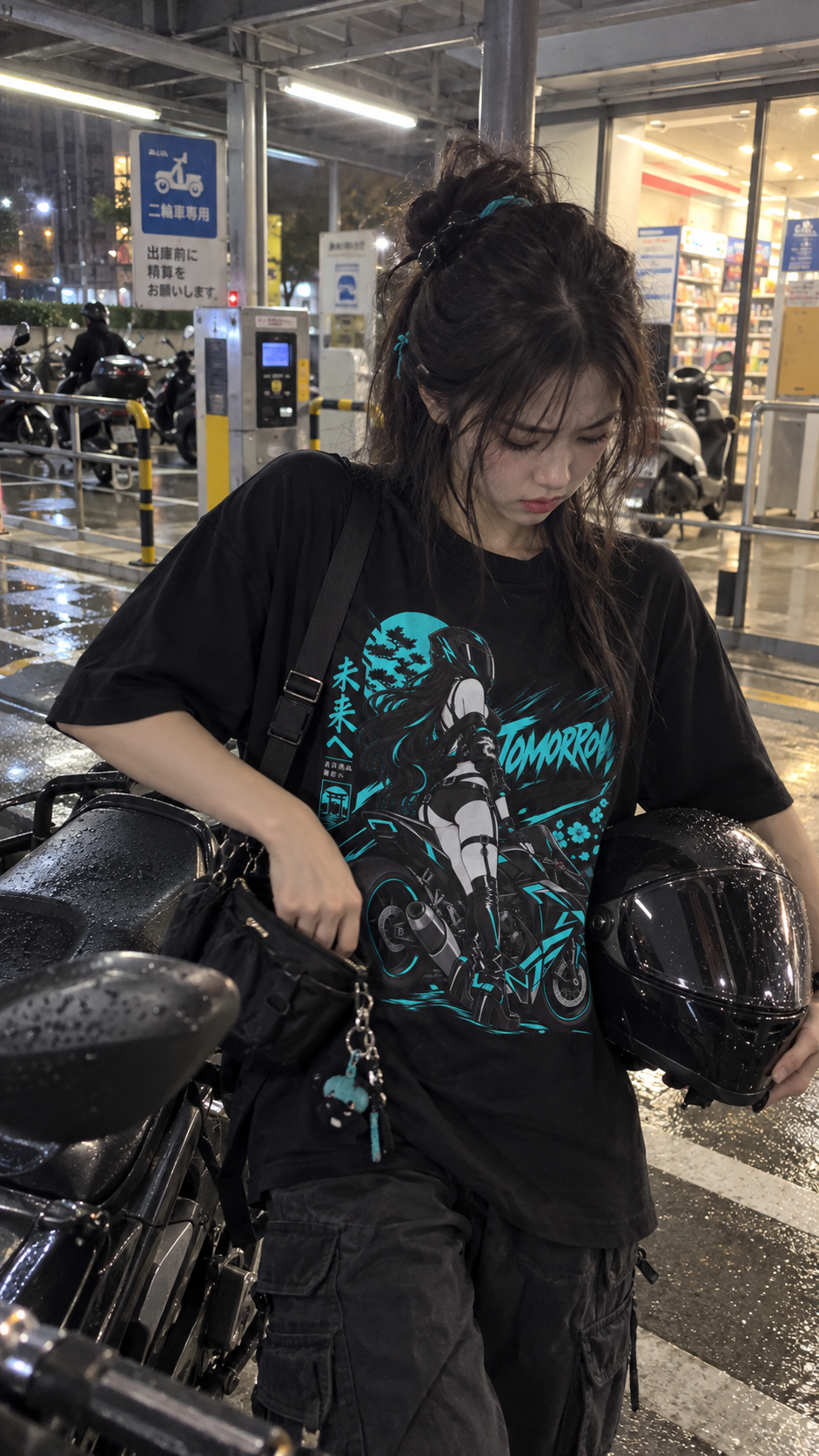 A woman wearing a black graphic t-shirt with a teal and white motorcycle design, standing next to a motorcycle at night in an urban setting.