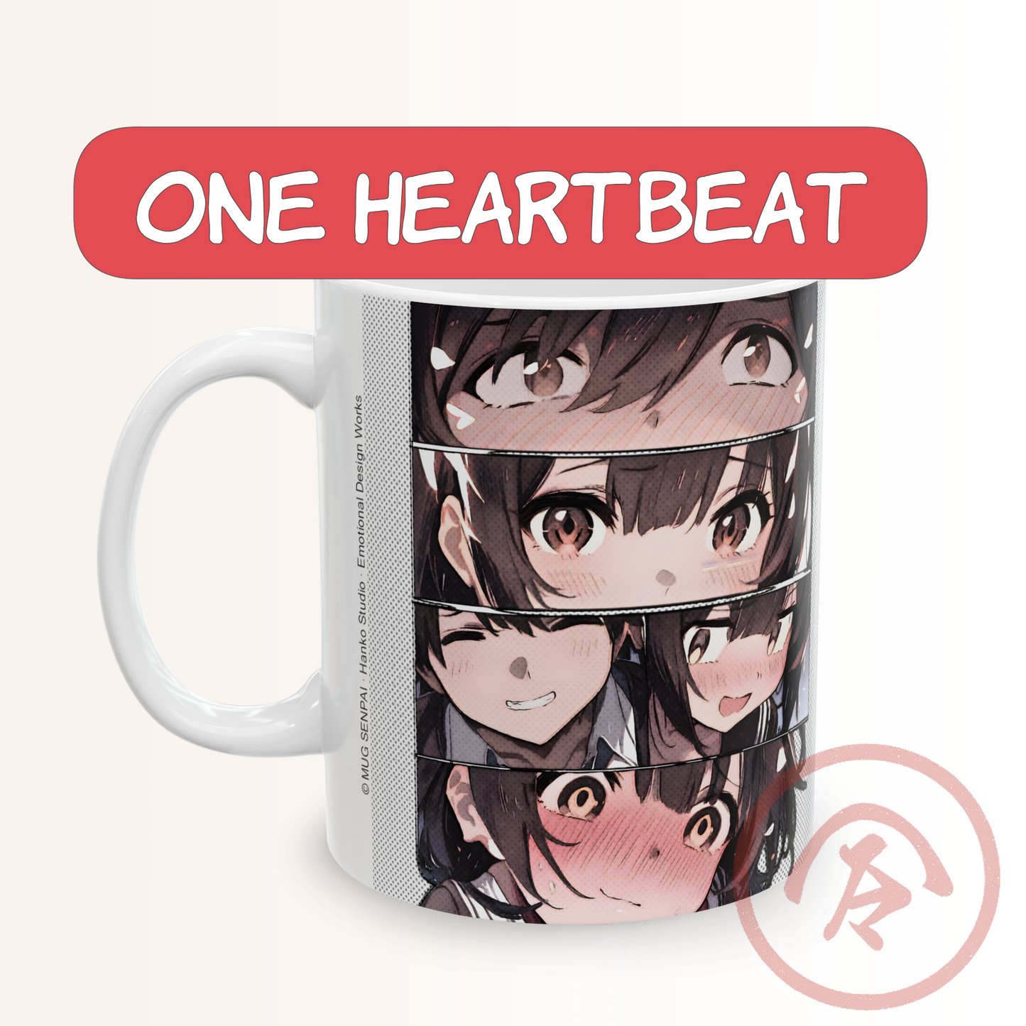 Anime romance mug featuring four stacked manga-style reaction panels of a blushing schoolgirl and a playful boy. The top panels show their eye contact and soft expressions, followed by a teasing smile and a final flustered, red-faced reaction. The artwork uses soft shading, warm blush tones, and expressive close-up shots to capture a cute slow-burn crush moment. Full wrap print for clarity.
