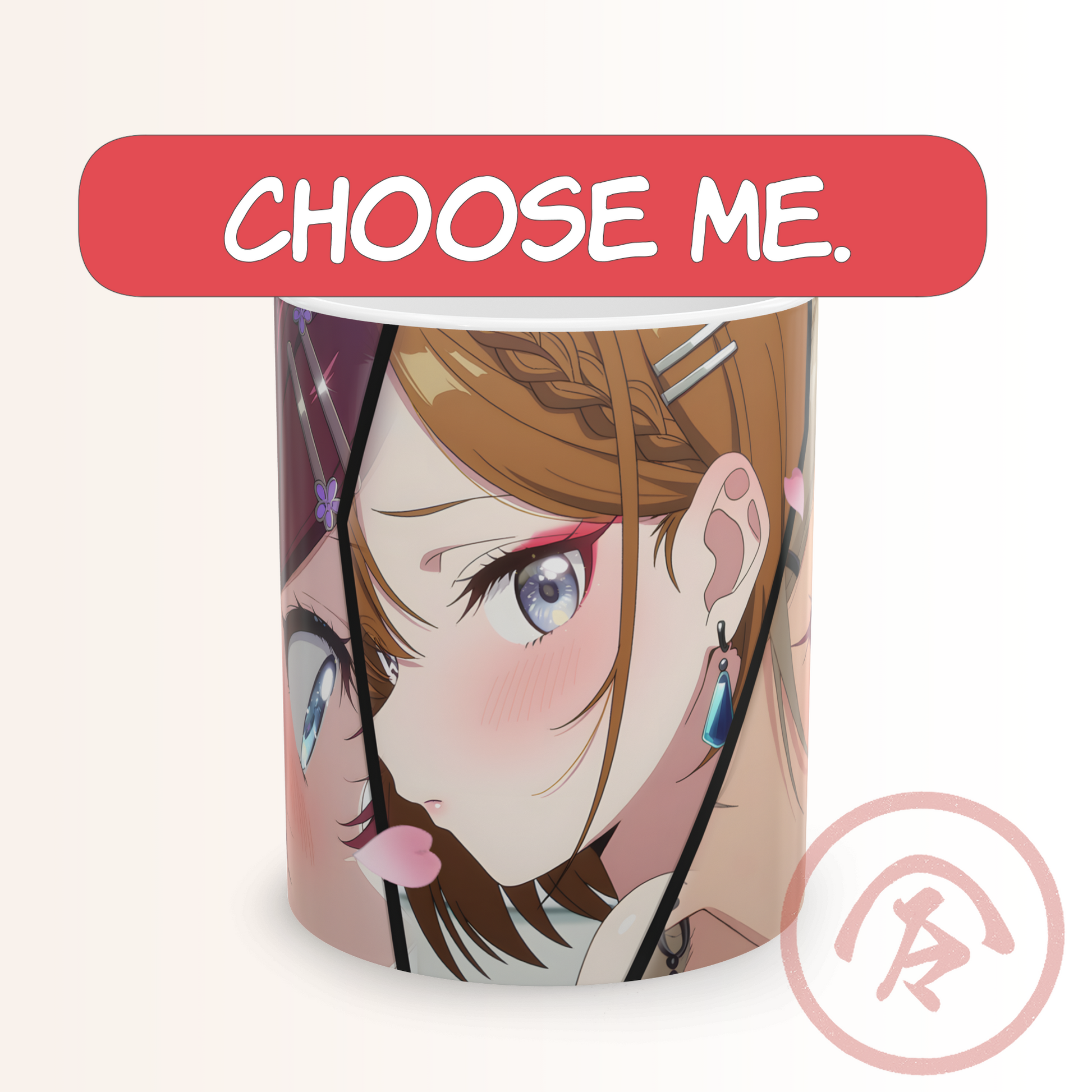 Anime romance mug featuring three blushing rival girls in close-up manga-style panels, each expressing her own romantic tension. Soft pink tones and expressive eyes highlight their competing emotions, creating a love-triangle mood. The wraparound design shows overlapping portraits with detailed hair, accessories, and blush marks, giving the mug a dramatic yet tender romantic aesthetic.