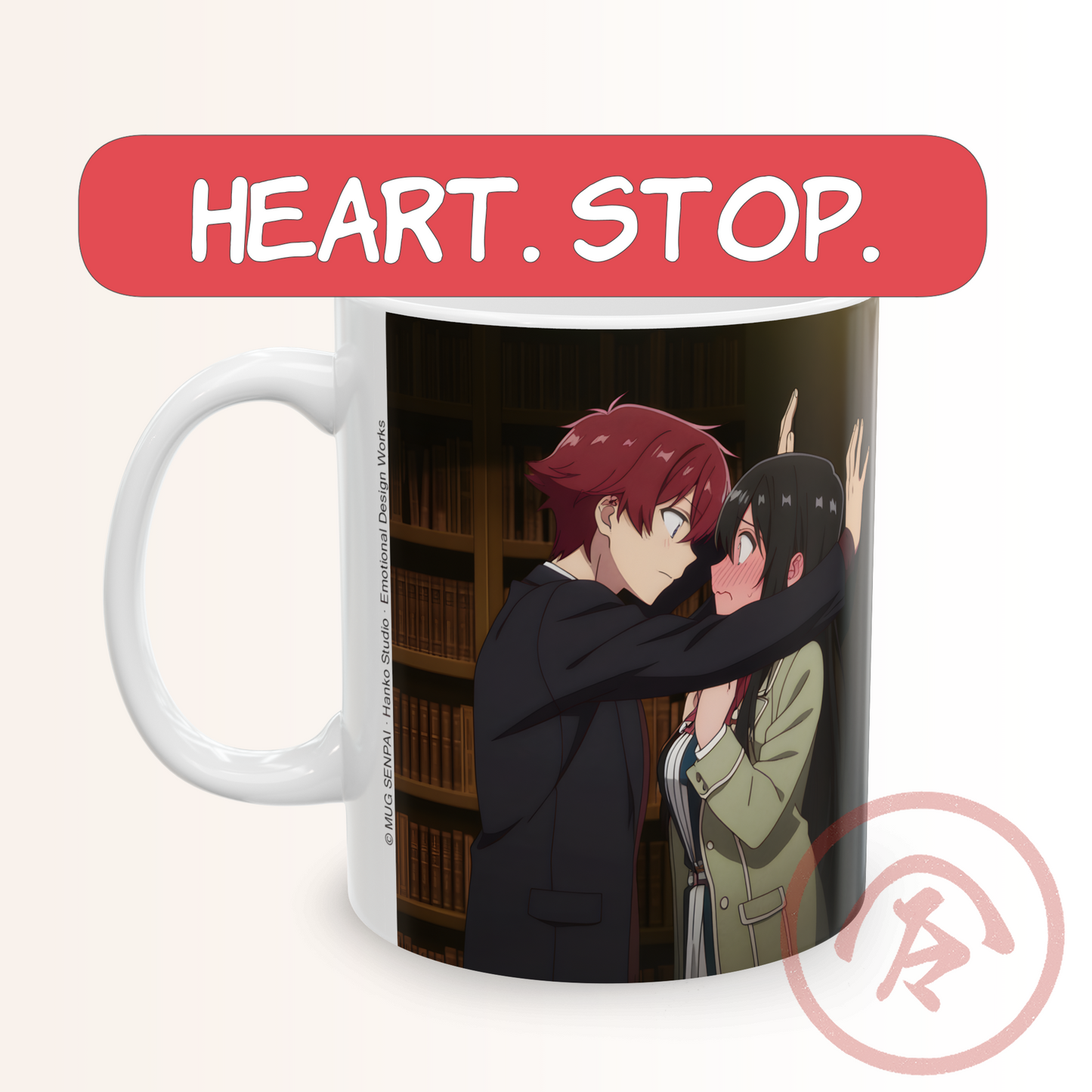 Anime romance mug featuring a dramatic kabe-don scene in a library. A red-haired boy leans in, pinning his hand beside a blushing girl against the bookshelves. She looks flustered and shy while he stares with intense, heartfelt focus. Warm lighting and soft shadows create a slow-burn romantic atmosphere. Full wrap print keeps all details visible.