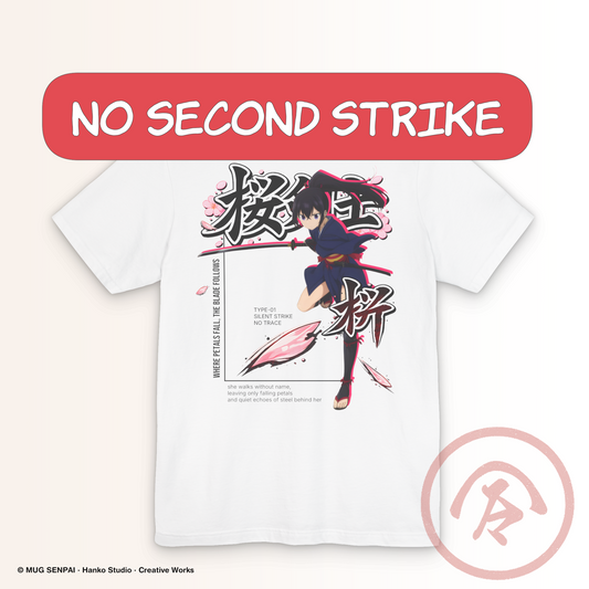 Anime samurai shirt featuring a dynamic katana-wielding anime girl in mid-strike, surrounded by falling cherry blossom petals and bold Japanese kanji elements. The design is placed on the back of a white Bella Canvas t-shirt, combining sharp motion with clean composition. The character’s stance and expression convey precision and quiet strength, creating a strong streetwear-inspired anime aesthetic.