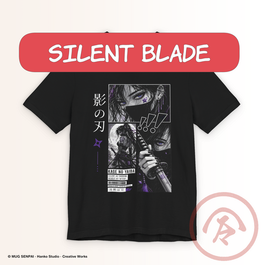 Anime Shinobi Tee featuring a mysterious masked shadow girl with striking purple eyes, manga-style panels, katana artwork, Japanese typography, and dark streetwear aesthetics. A premium graphic T-shirt for anime fans, ninja enthusiasts, Japanese fashion lovers, conventions, and everyday wear.